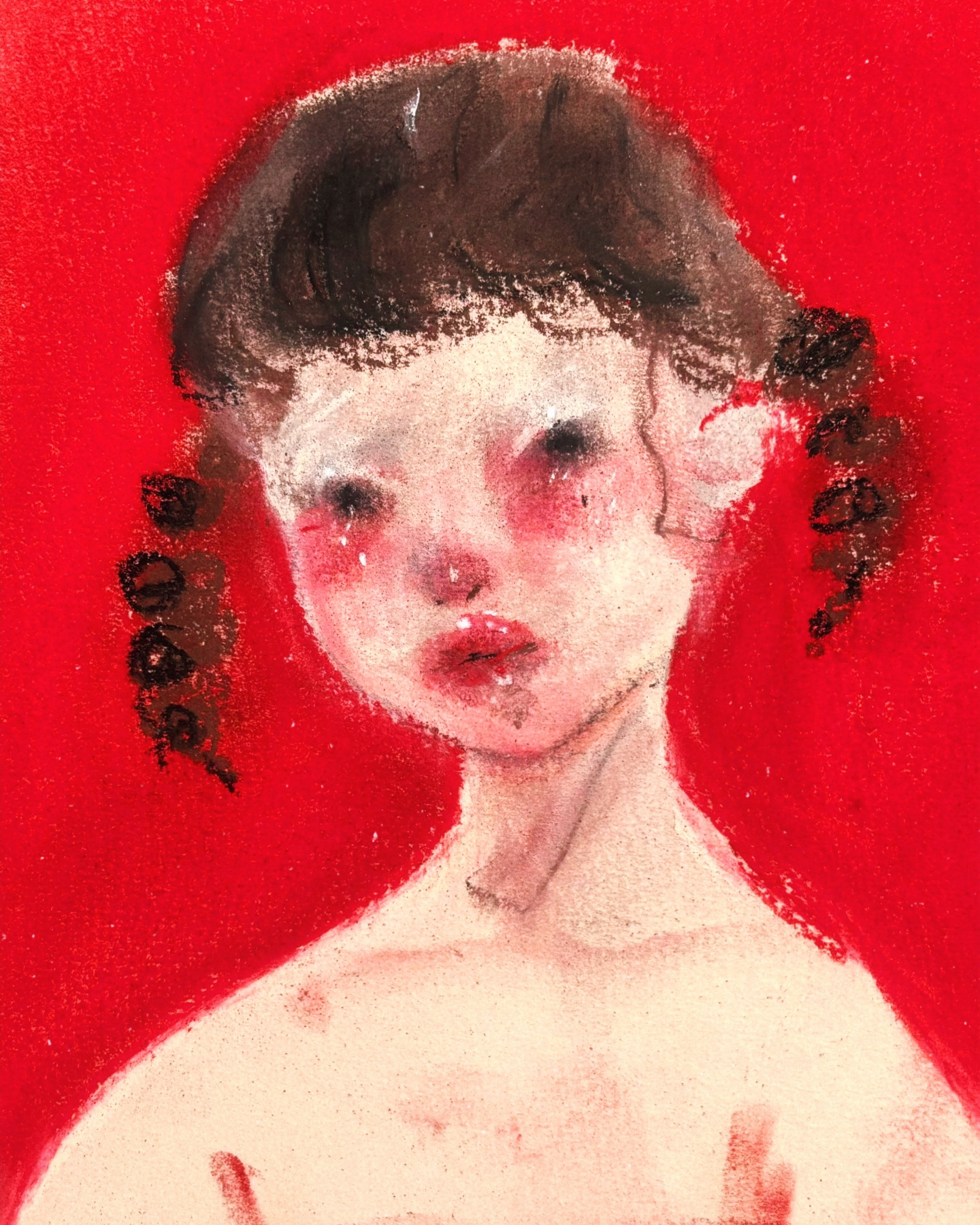 Watercolor portrait of a girl with dark brown hair styled in two braids, set against a bright red background.