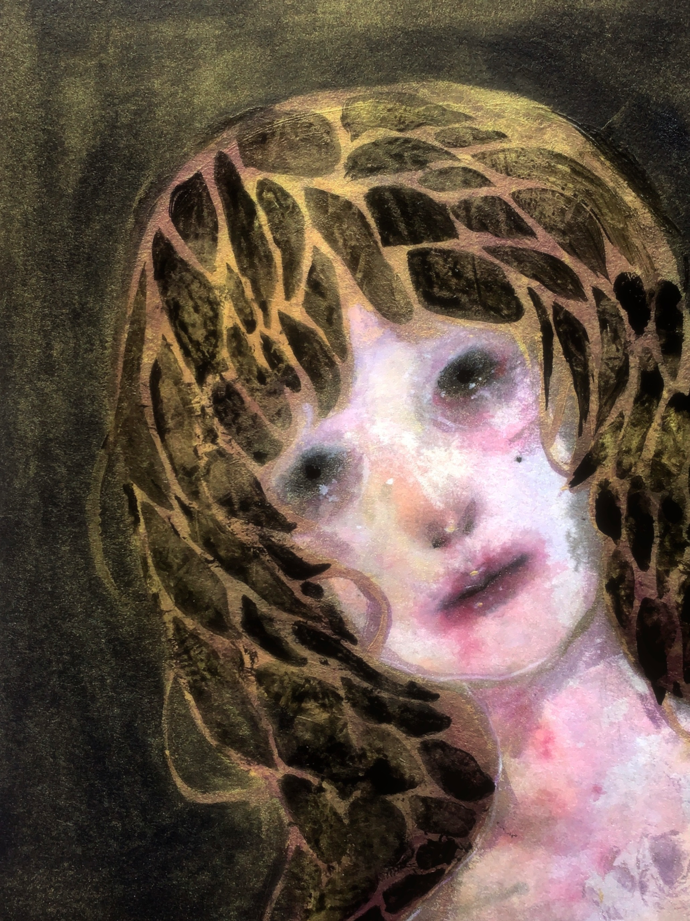 A digital painting of a woman with dark hair partially covering her face, with notable black eyes and high cheekbones, surrounded by dark, abstract background.