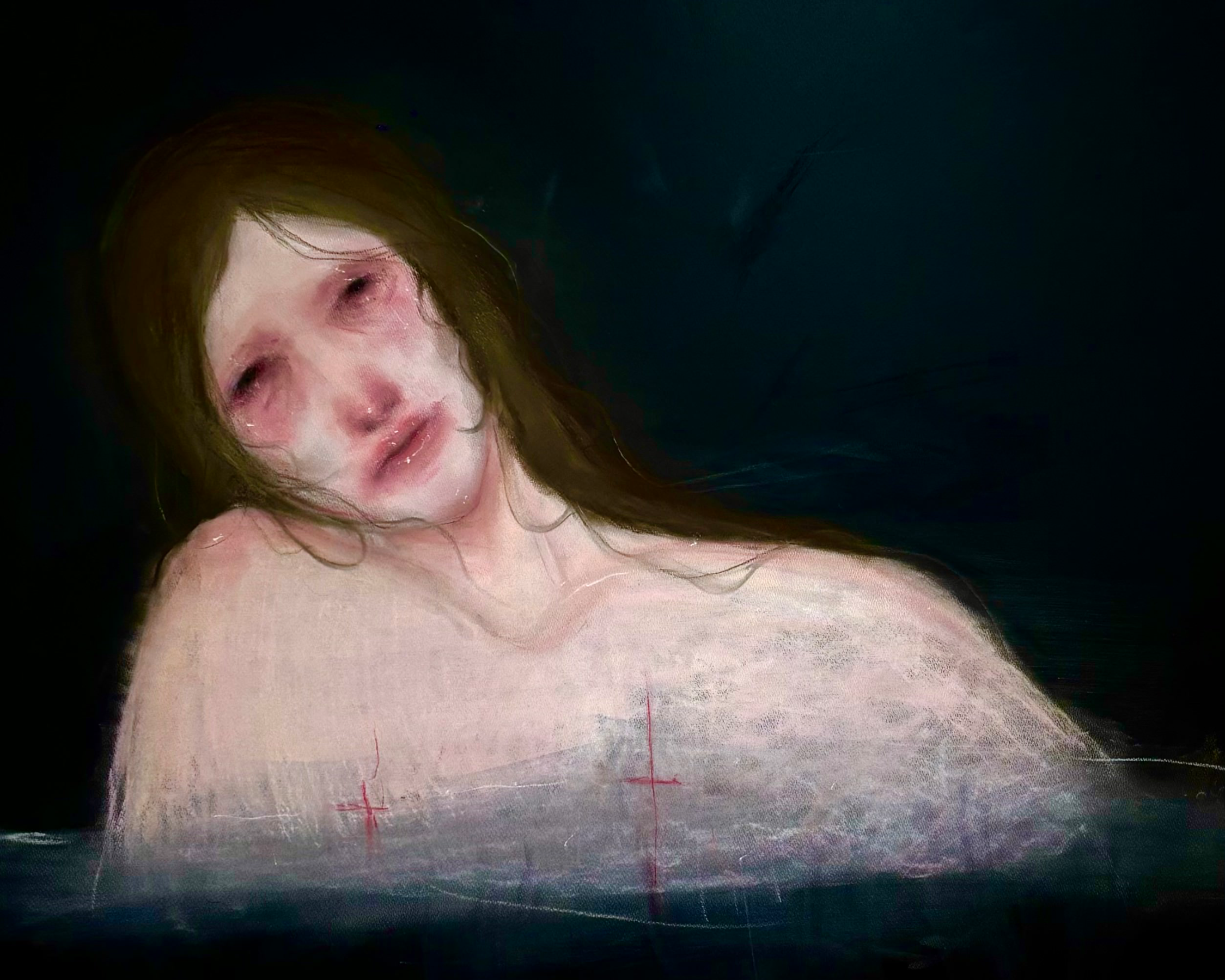 A painting of a woman with long brown hair, depicted with a pale face, slightly open lips, and a somber expression, against a dark background.