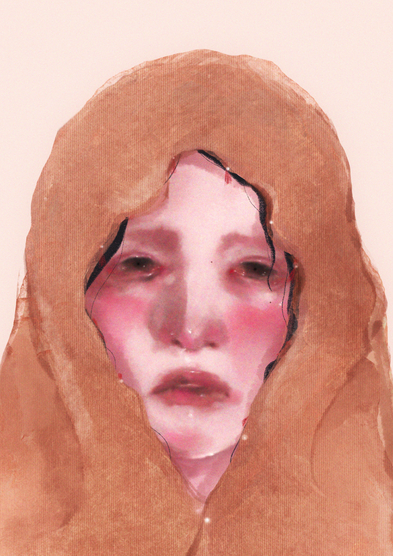 A person's face surrounded by a tan, textured material that resembles a large piece of cloth or clothing. The person's face appears to be edited or distorted, with blush on the cheeks, shiny skin, and a slightly open mouth.