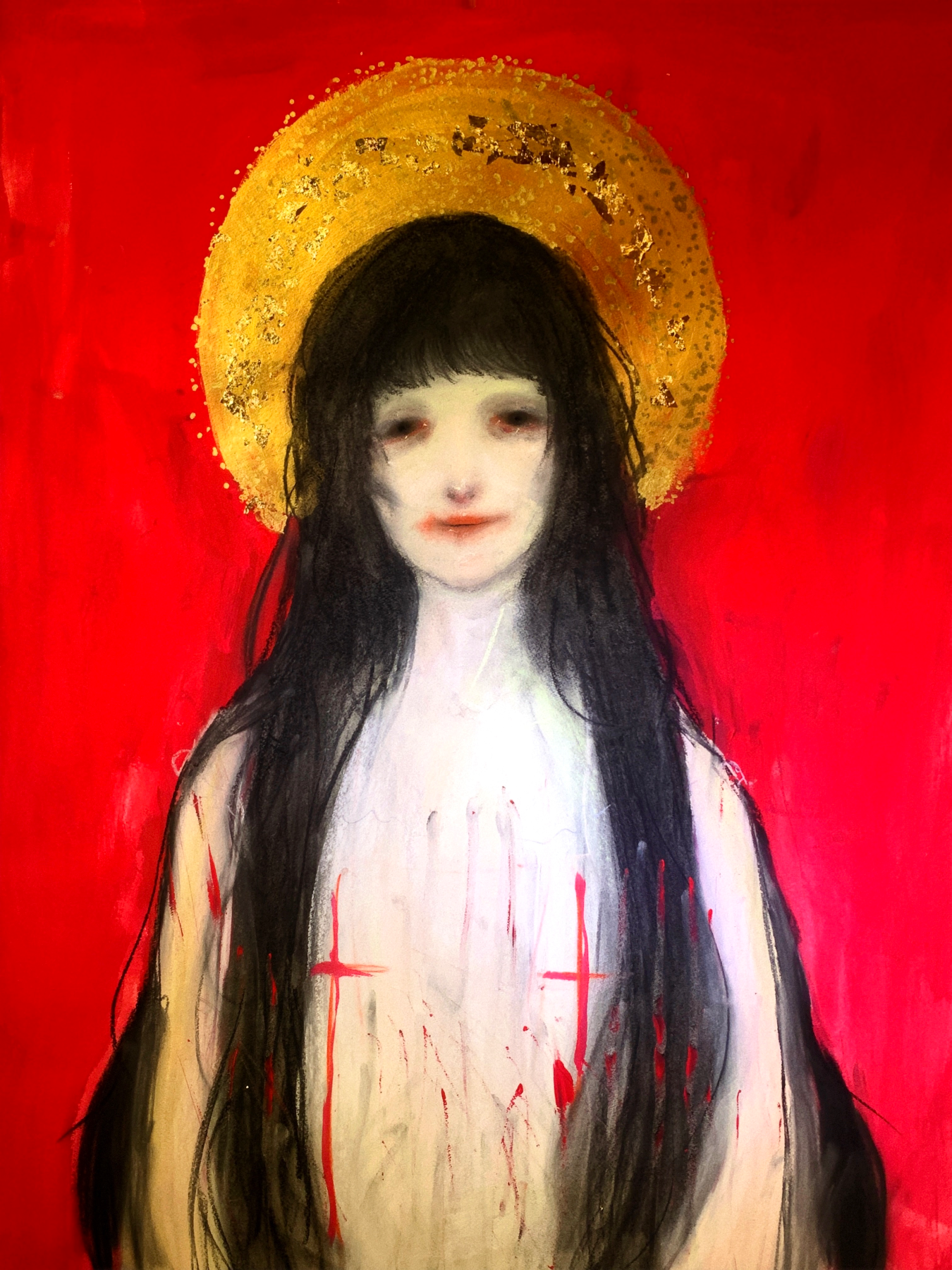 Painting of a woman with long black hair and a faint smile, surrounded by a golden halo, against a red background.