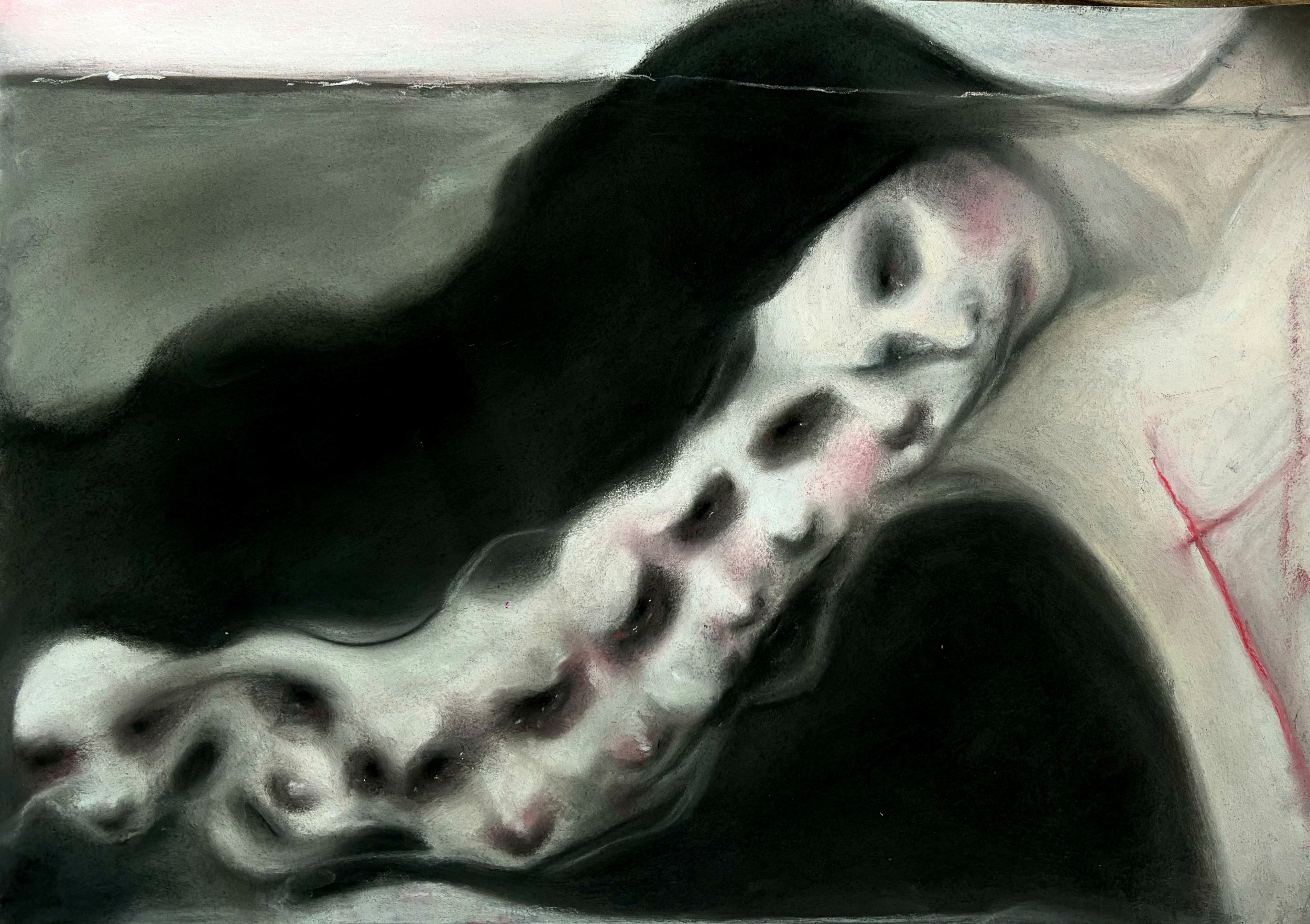 A surrealistic painting of two ghostly female faces with flowing black hair, lying close together in a mirrored composition. The faces appear ethereal, with soft features and pink blush on the cheeks, set against a muted, abstract background with hin