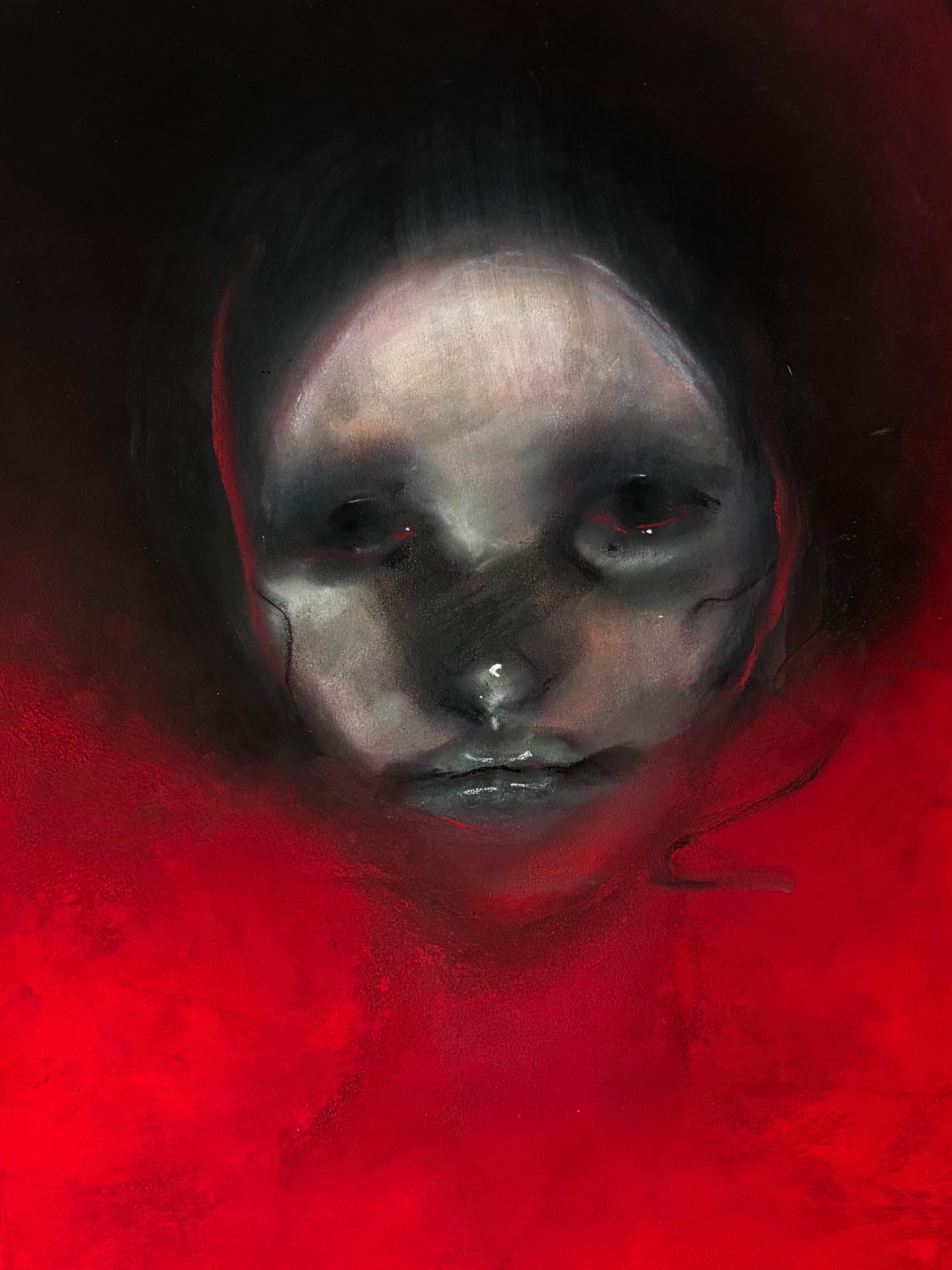 A surreal painting of a child's face emerging from darkness, with a dark background and red tones, emphasizing the face's wide eyes, small nose, and closed lips.
