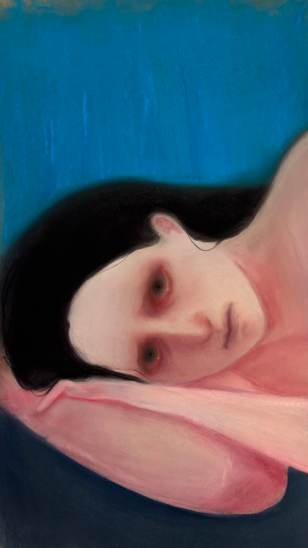 Digital portrait of a woman with dark hair lying on a pink pillow against a blue background