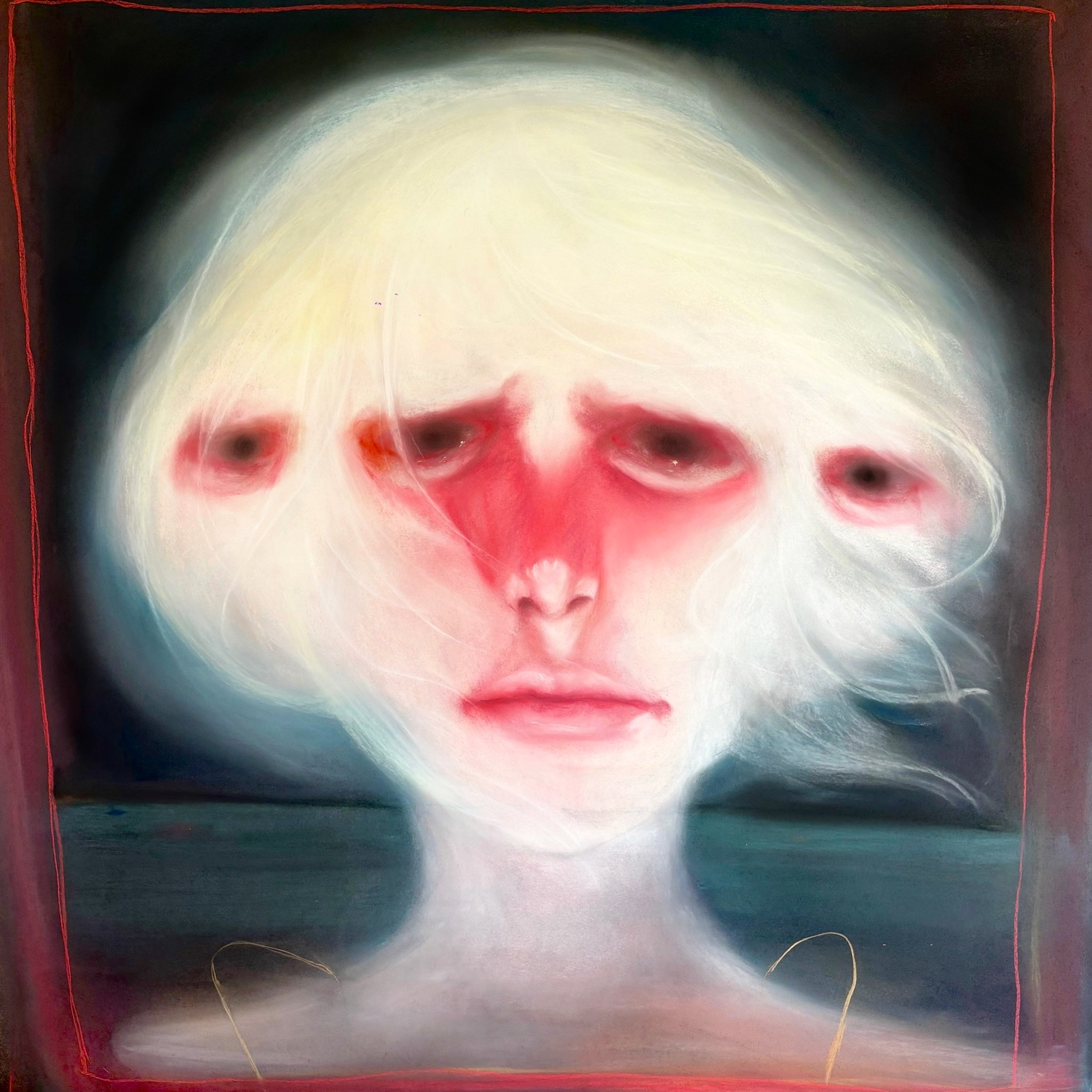 Abstract painting of a woman's face with four eyes, red and white color scheme, surreal and dreamlike style.