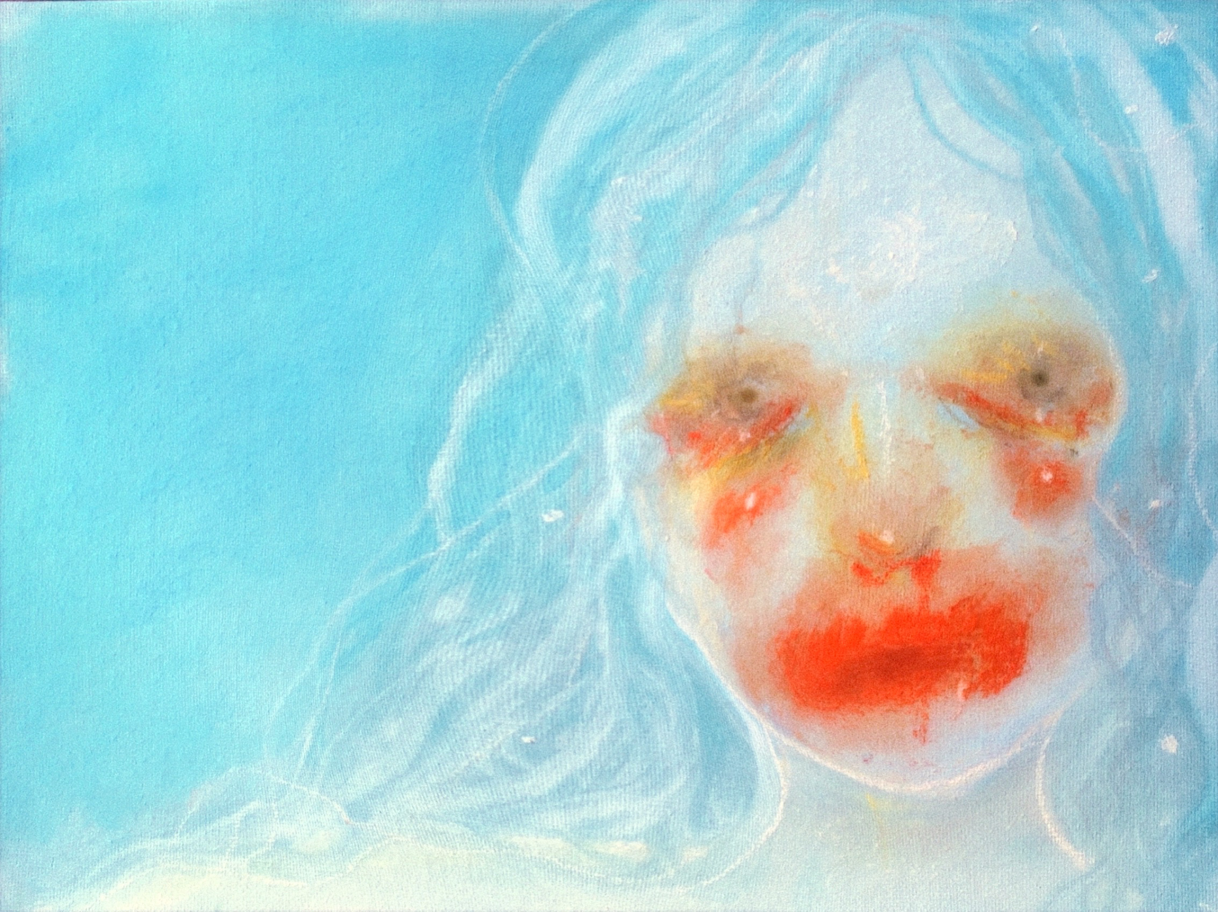 A watercolor painting of a child's face with closed eyes, red cheeks, and light blue hair against a blue background.