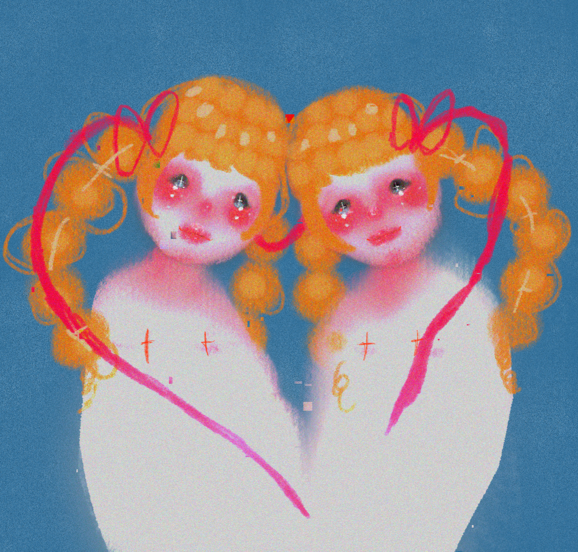 Digital drawing of two identical anime-style girls with curly orange hair, shiny eyes, and blush on cheeks, surrounded by a red heart shape outline, set against a blue background.