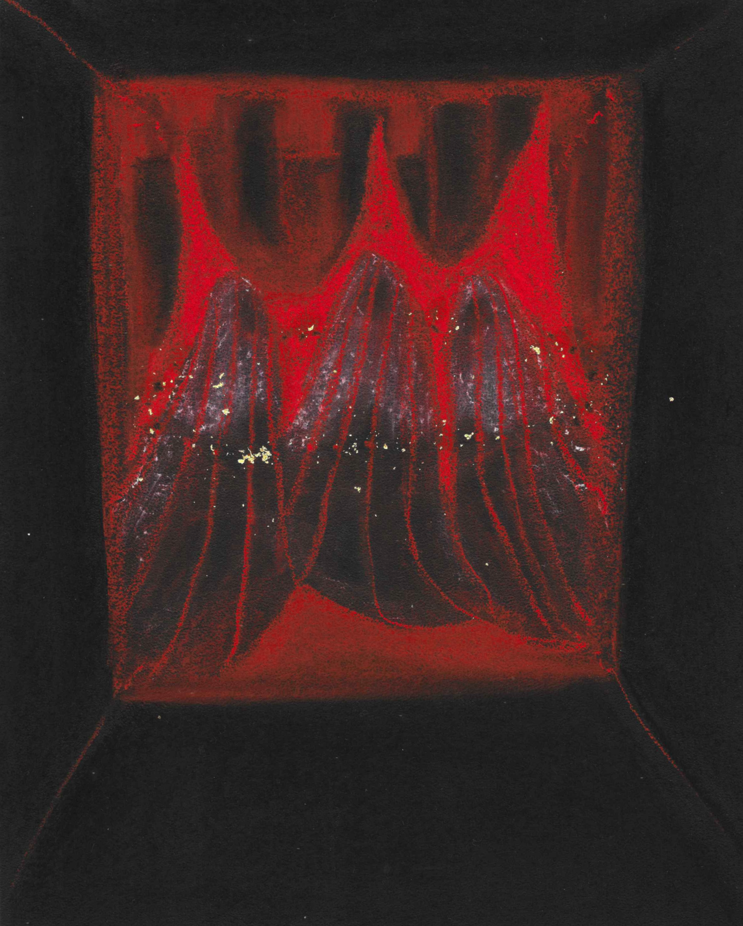 An art piece featuring red and purple lines and shapes on a dark background, with some white specks scattered across the surface.