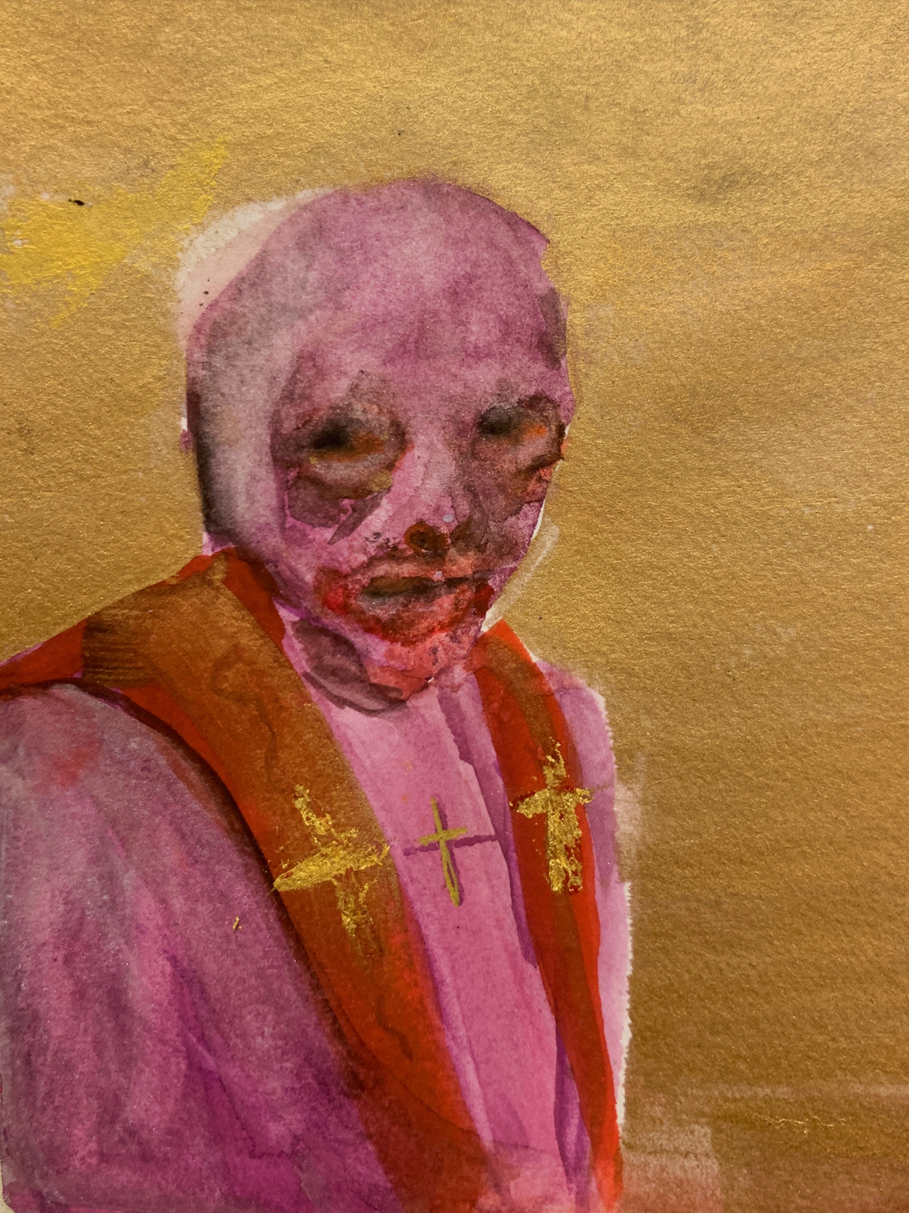 A watercolor painting of a figure wearing a pink mask with dark eye holes, a red and orange vest with gold crosses, and a pink shirt with a pink collar, against a gold background.