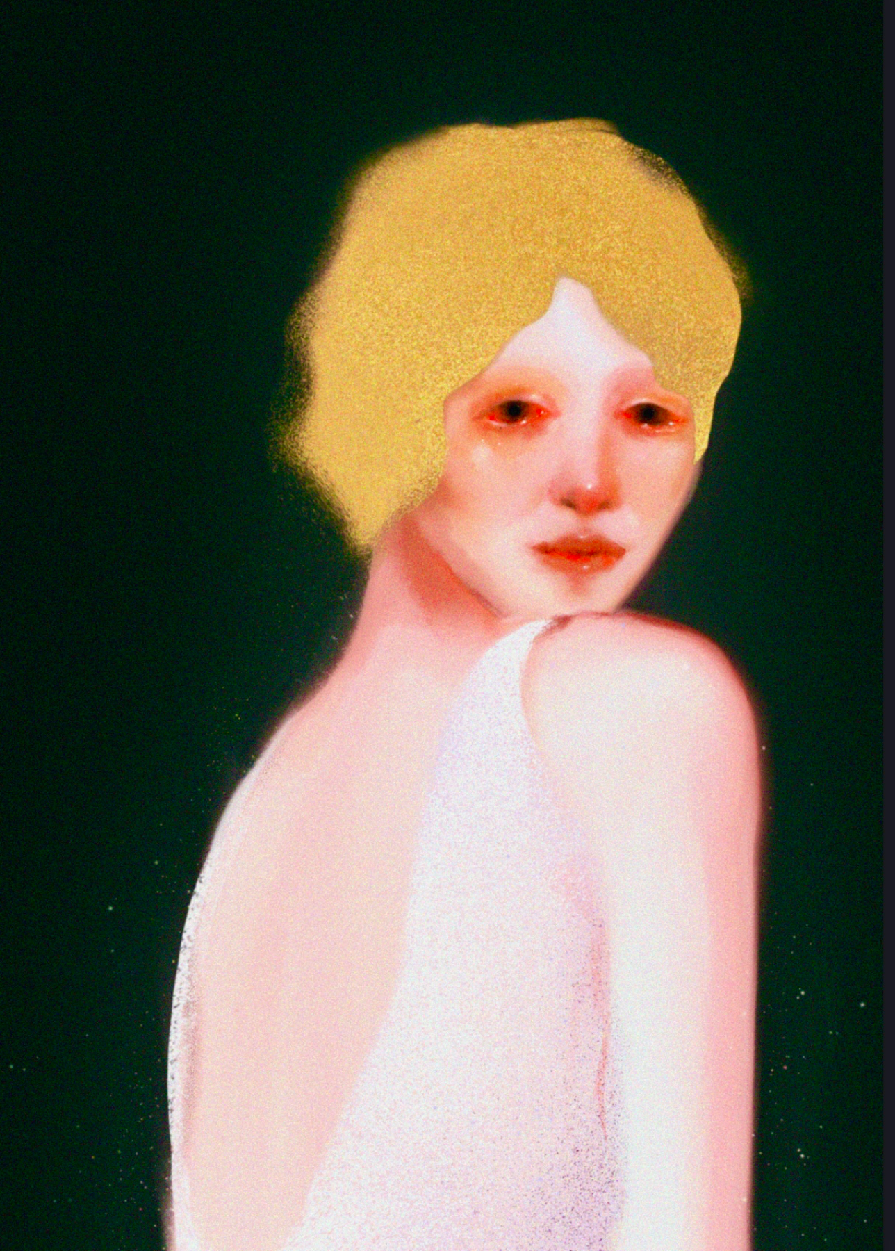 A woman with bright blonde hair and pale skin, wearing a white top, against a dark background.