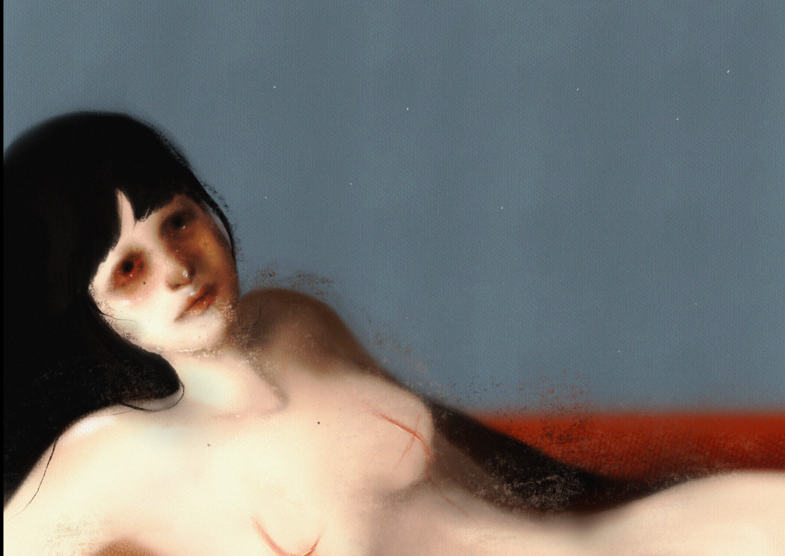A surreal digital painting of a person with a distorted face, black hair, and large, dark eyes, lying against a gradient background with blue and orange hues.
