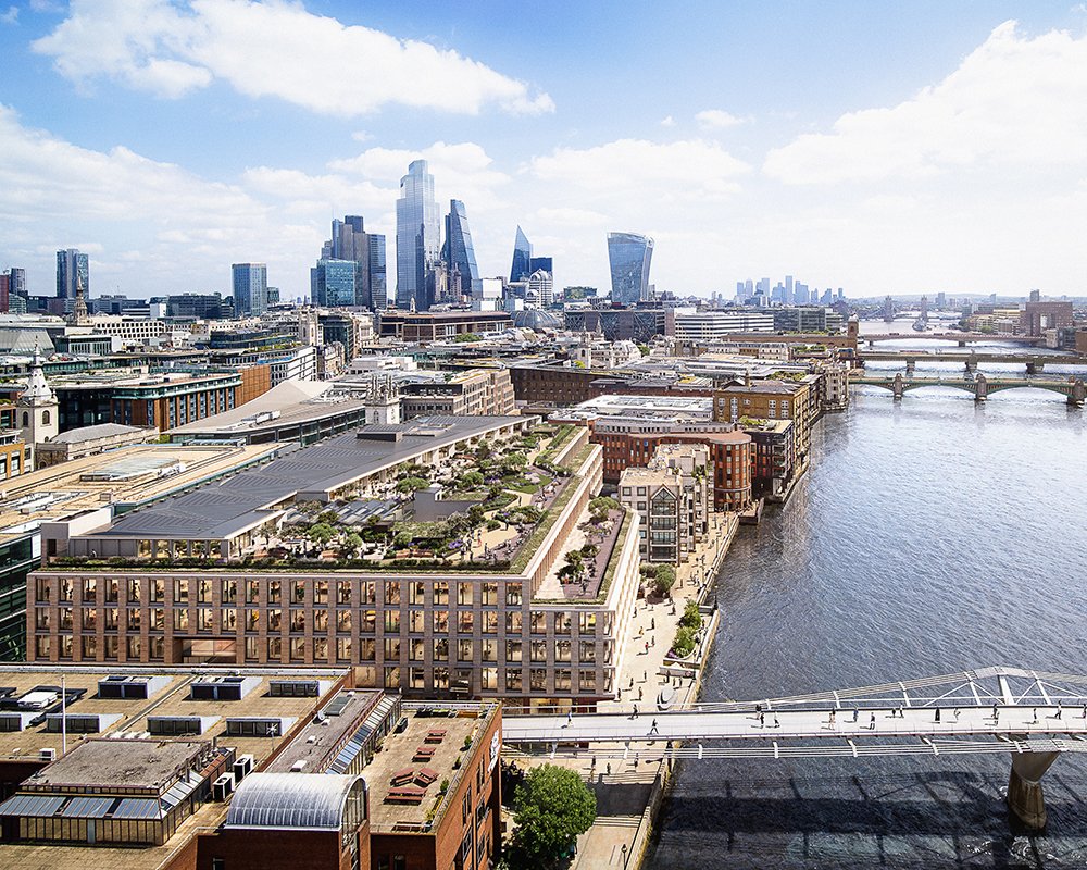 Skyline of London with modern skyscrapers, a river, and a bridge in the foreground.