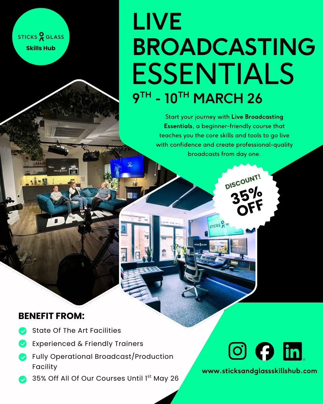 Ready to go live but not sure where to start? 🎥✨

Our Live Broadcasting Essentials course is designed especially for beginners who want to build confidence and master the fundamentals of live broadcasting. Learn the core skills, essential tools and 