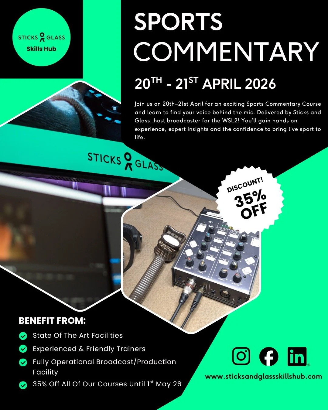 🎙️ Ready to step behind the mic?

Join us on 20th&ndash;21st April for our Sports Commentary Course1 Sticks and Glass are the host broadcaster for the Women's Super League 2. Gain hands-on experience, expert insights and the confidence to bring live