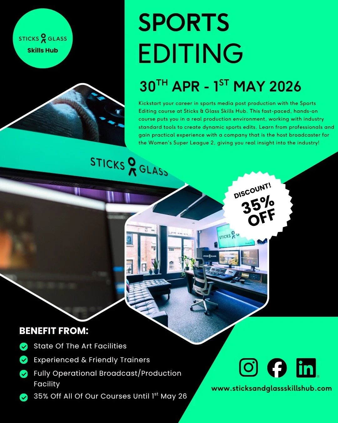 Kick Off. Action. Edit. 🎬⚽

Ready to break into sports editing or level up your post-production skills?

Join our Sports Editing course (30th April - 1st May) at Sticks &amp; Glass Skills Hub: a hands-on, industry-led experience designed to sharpen 
