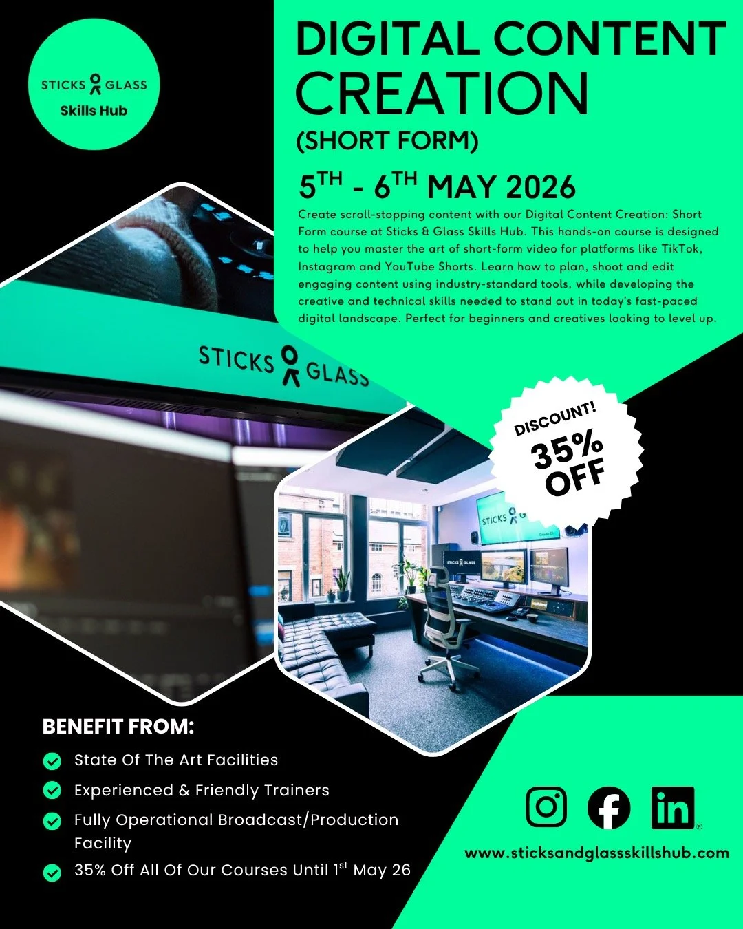 Ready to level up your content game? 🚀

Join our Digital Content Creation (Short-Form) Course on 5th - 6th May and learn how to create eye-catching, engaging content that actually performs.

Whether you're a beginner or looking to sharpen your skill