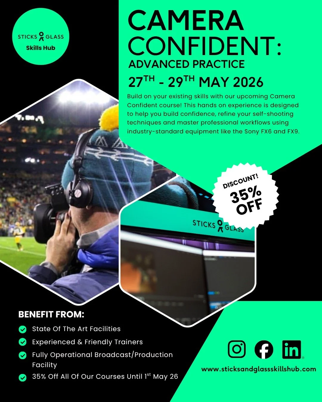 Ready to level up your self shooting skills? 🎥✨

Join us for our Camera Confident: Advanced Practice course this May and take your self-shooting skills to the next level. Get hands-on with industry-standard cameras like the Sony FX6 and FX9, build y