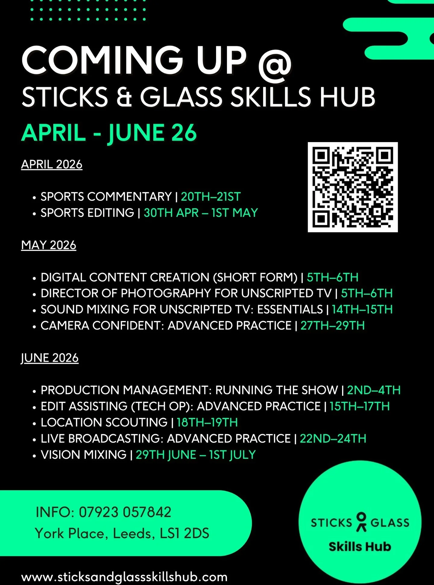 Did someone say courses?

🎬 COMING UP @ Sticks &amp; Glass Skills Hub 🎬

We&rsquo;ve got an exciting lineup of hands-on courses running from April through June 2026, perfect for anyone looking to break into TV, film and digital content production o