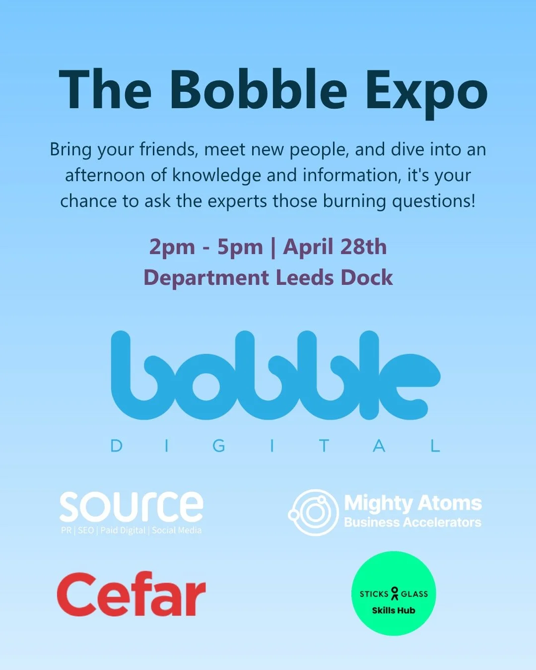 We're delighted to be a part of the Bobble Expo!

In just a couple of weeks, @bobble_digital are taking over Department Leeds for the very first Bobble Expo!

Whether you&rsquo;re looking to sharpen your digital strategy, explore the latest in AI and