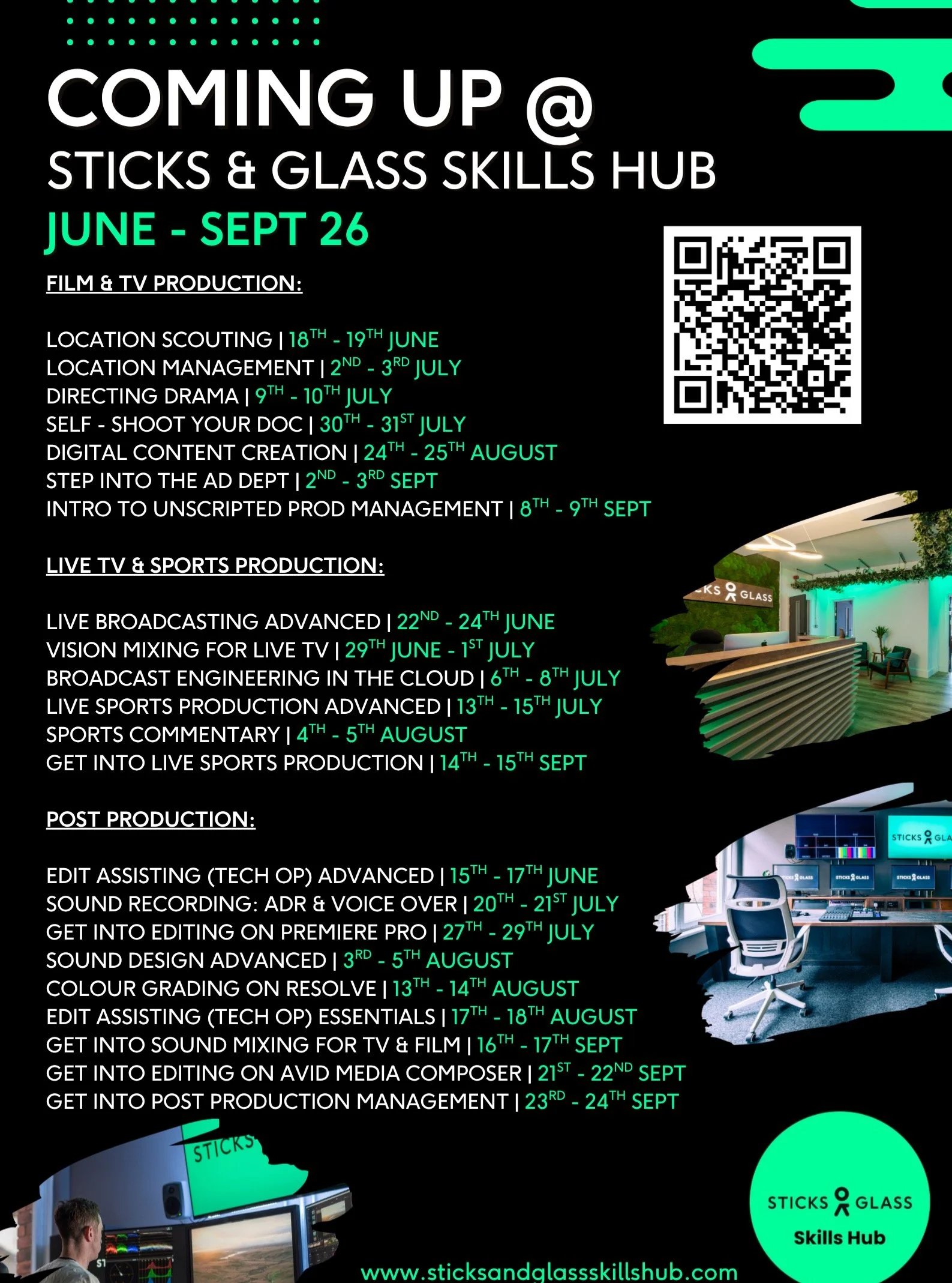 🎬 Ready to level up your career in Film, TV, Live Sports or Post Production this summer? 🎧📺✂️

At Sticks &amp; Glass Skills Hub, we're excited to launch a packed programme of industry-focused training courses running from June through to September