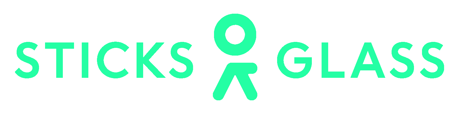 Logo with the words "Sticks and Glass" separated by a stick figure icon.