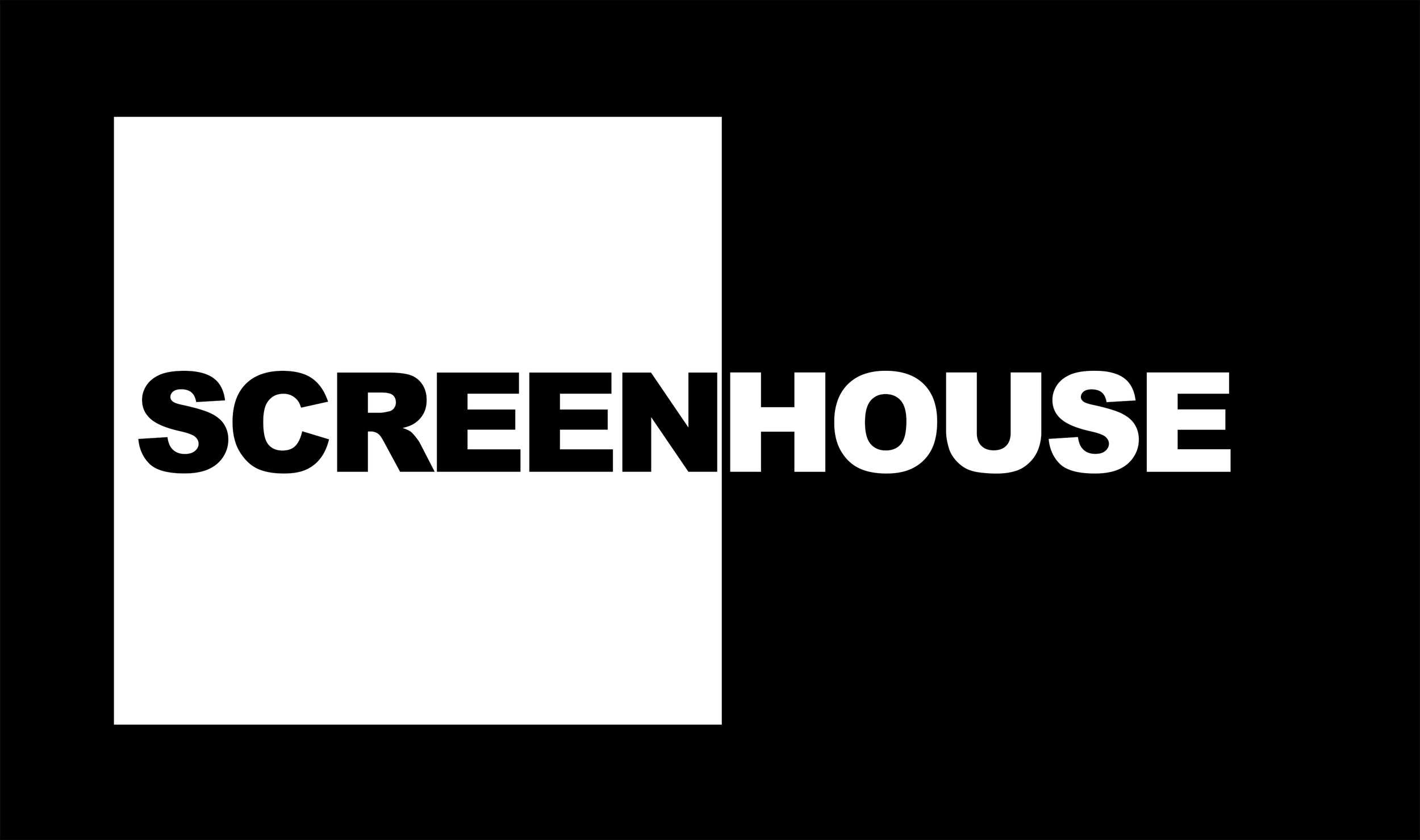 The logo for ScreenHouse features a black background with a white square on the left and the company name, 'SCREENHOUSE,' written in bold black and white letters across the middle.
