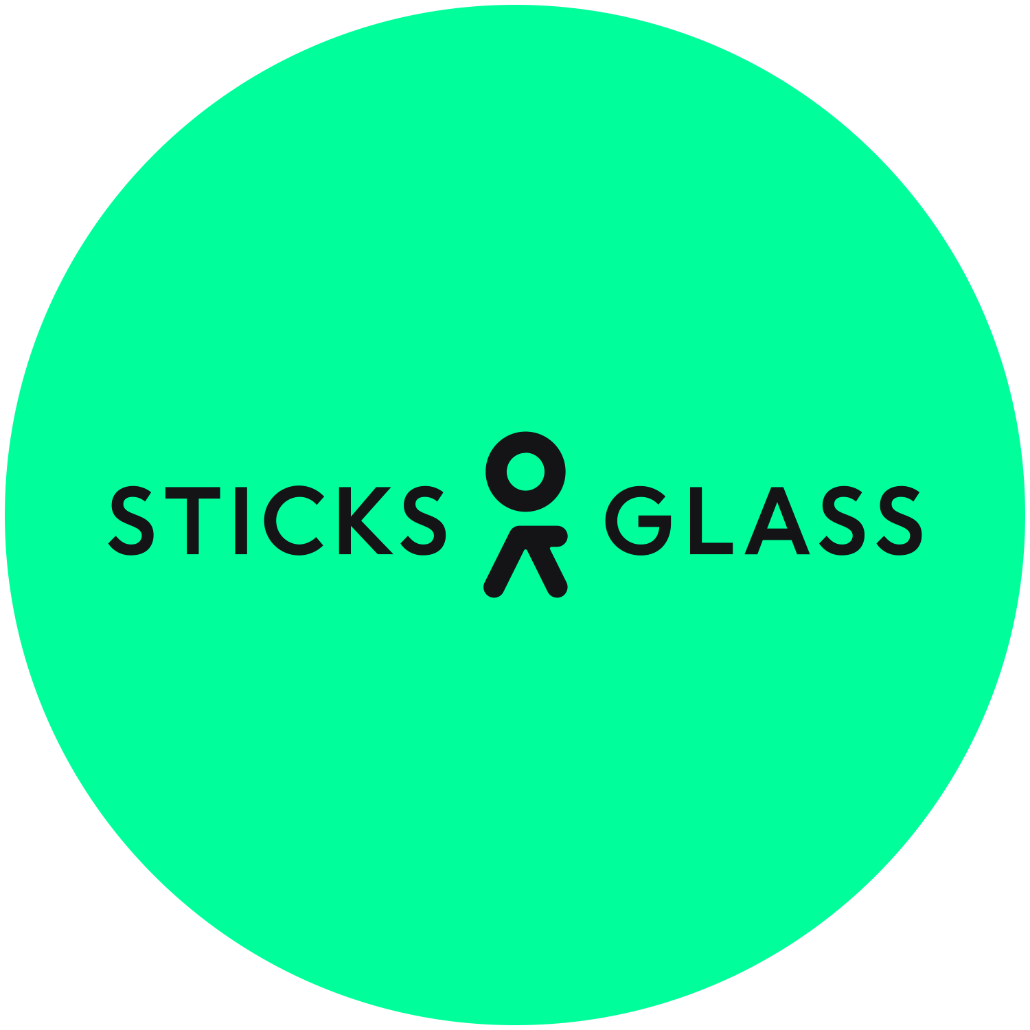 Logo with a turquoise circular background, black stick figure and text reading 'Sticks & Glass'.