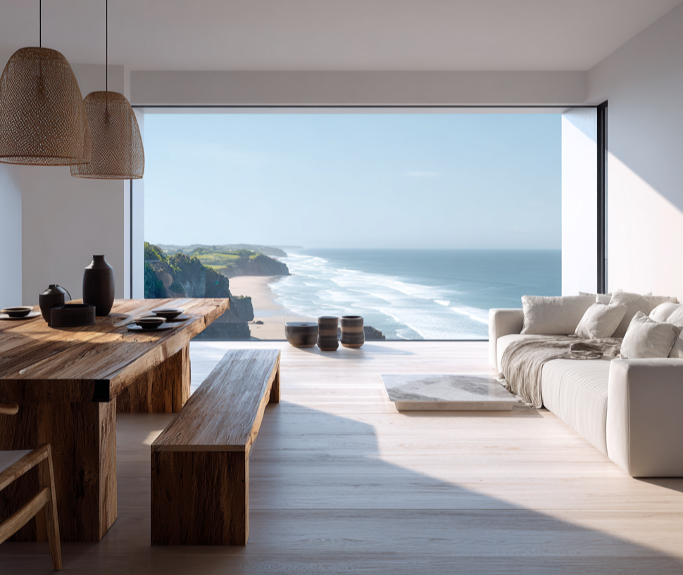 Living room with large window overlooking a beach and ocean, white sofa, wooden dining table with benches, pendant lights, and decorative vases.