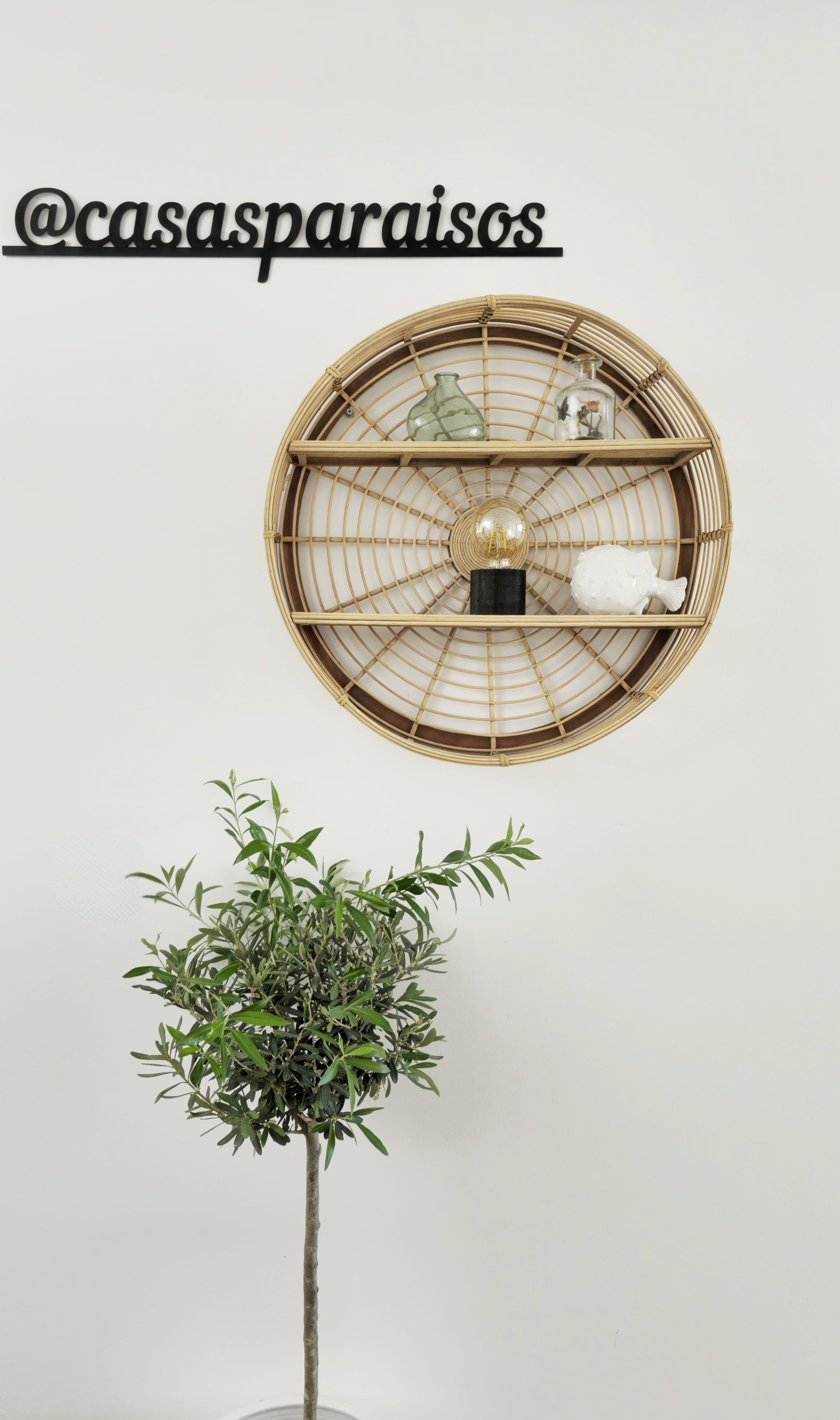 Decorative wall shelf with glass vases and a light bulb, potted plant below, hashtag '@casasparaisos' on white wall. Holiday home in Lagos Algarve