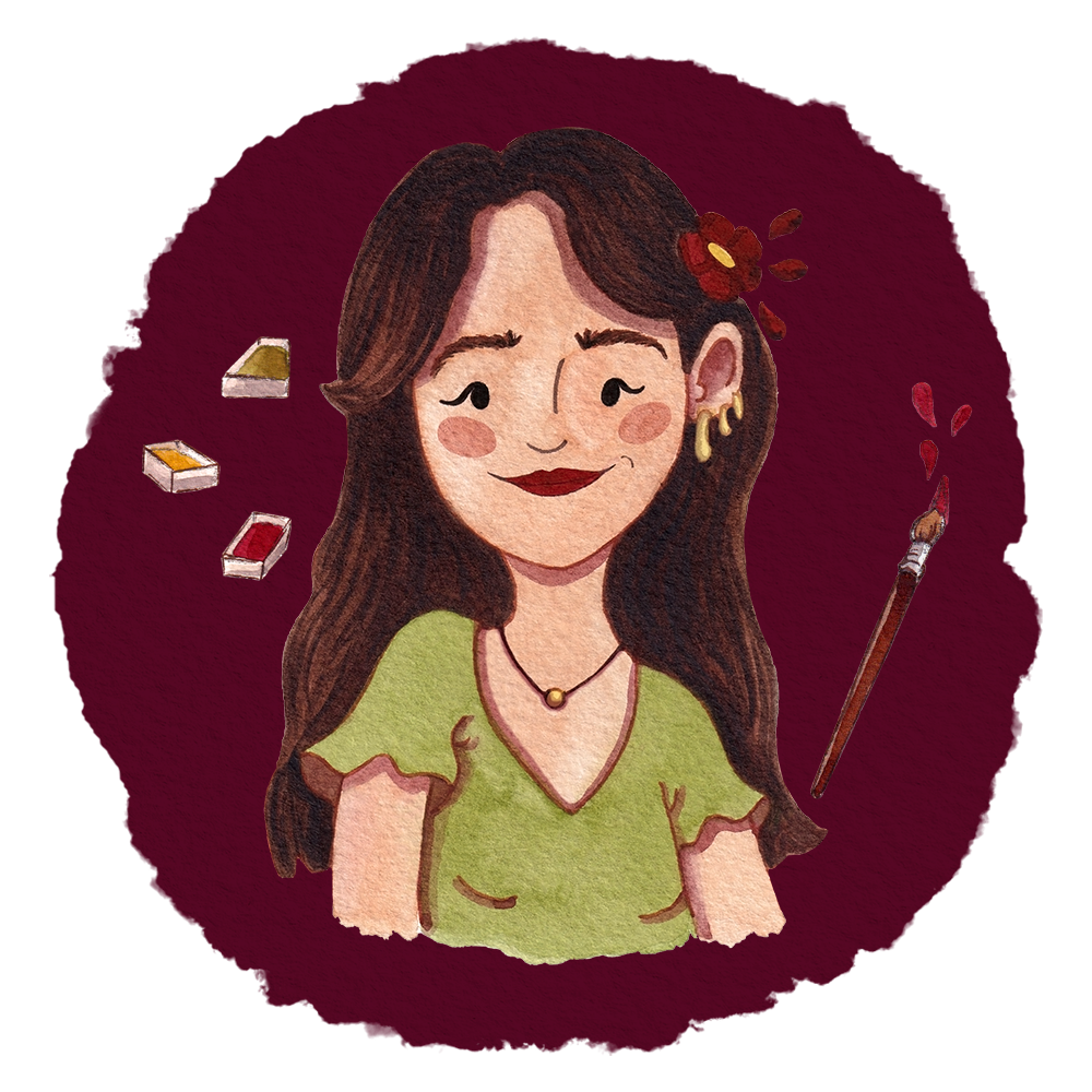 Illustration d'une femme souriante avec des cheveux longs, portant une chemise verte, des boucles d'oreilles et un collier, entourée de peintures et d'un pinceau, sur un fond rouge