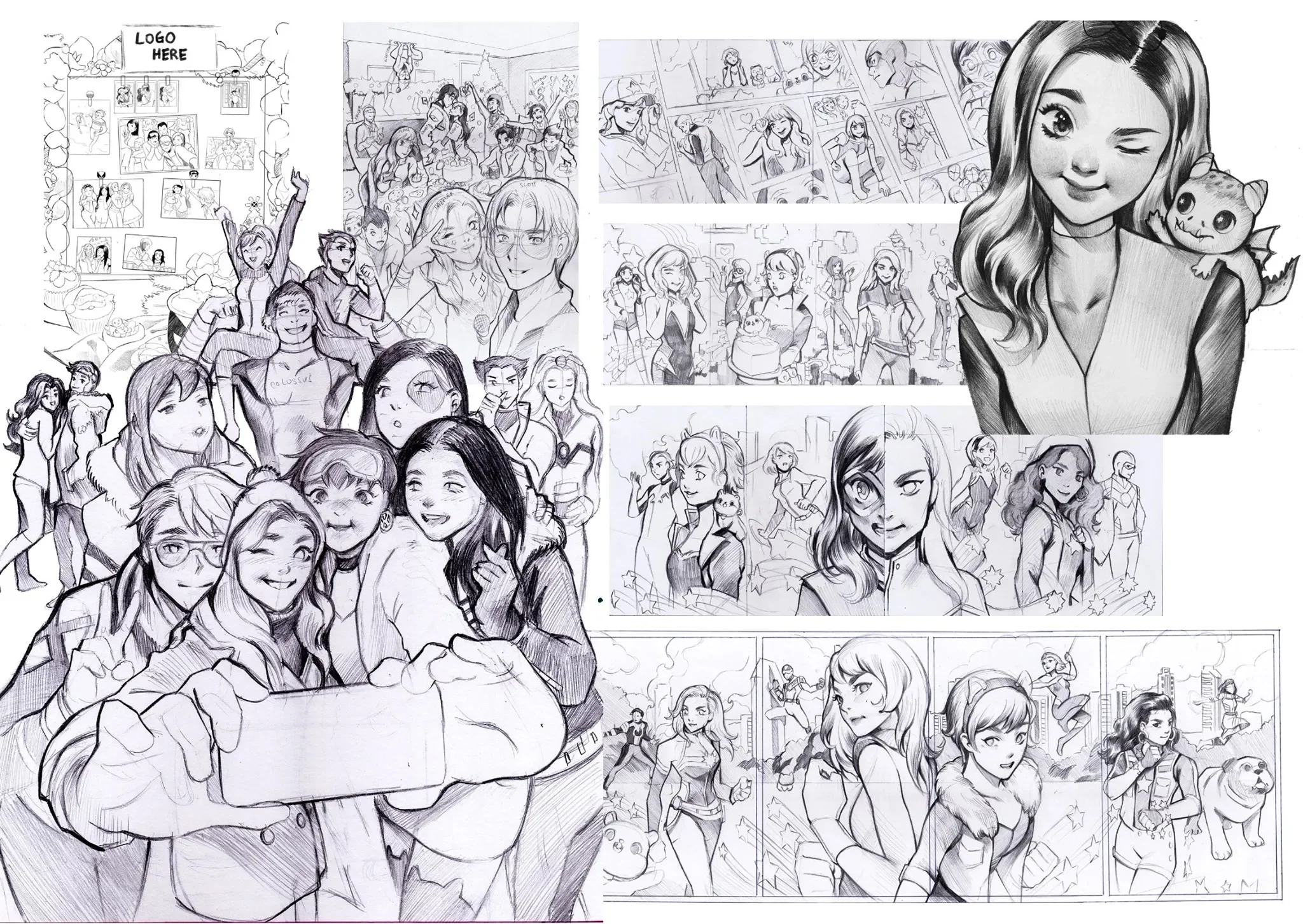 Black and white sketches of various characters, mainly women and girls, in different poses and settings, including a group photo, a woman with a small creature on her shoulder, and scenes of women in outdoor and urban environments.