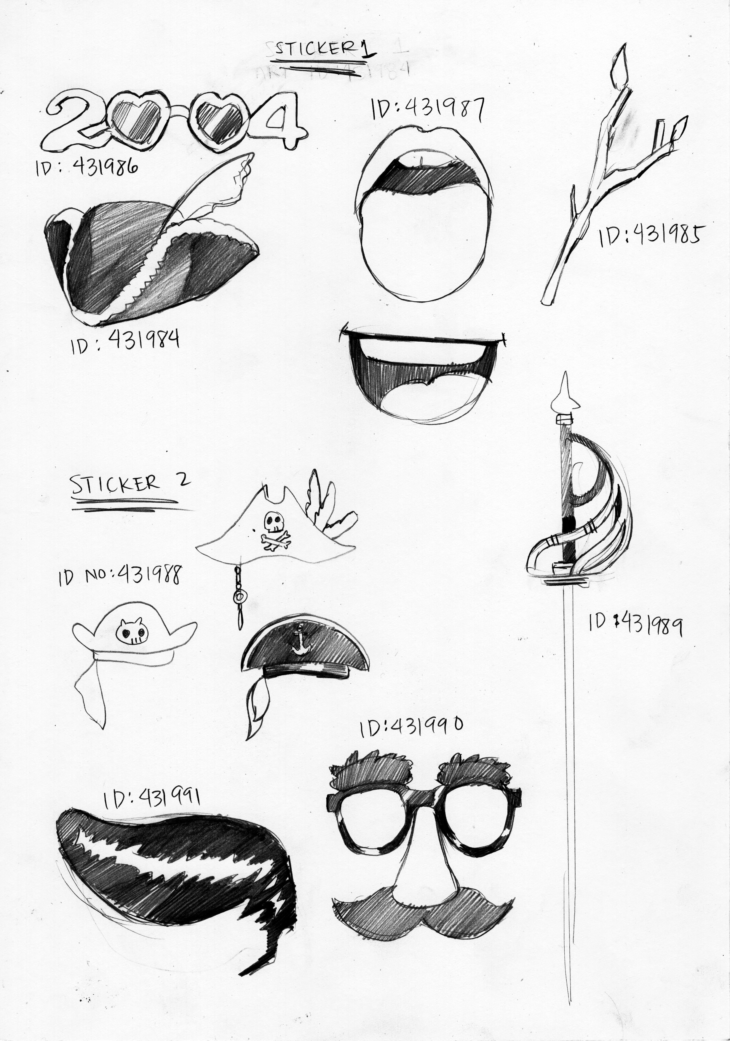 Hand-drawn sketches of various stickers, including a mouth with tongue out, a tongue, a branch, a hat with a skull, a pirate hat, a shell with an anchor, sunglasses, a mustache, and a lightning bolt. Each sketch is labeled with an ID number.