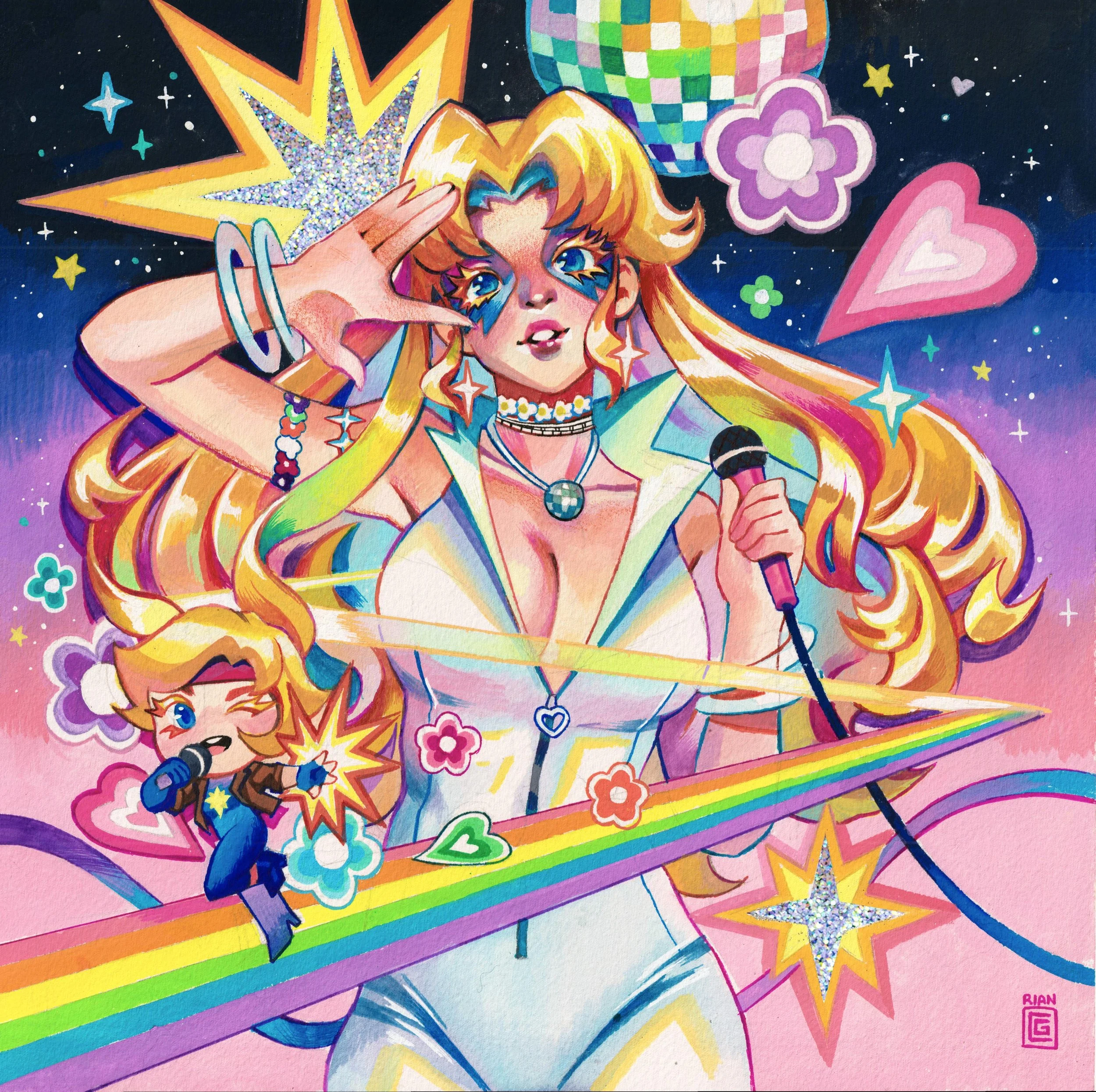 Colorful illustration of a woman with long blonde hair holding a microphone, surrounded by rainbow, stars, hearts, and flowers, with a smaller character singing and winking in the bottom left corner, set against a cosmic background.