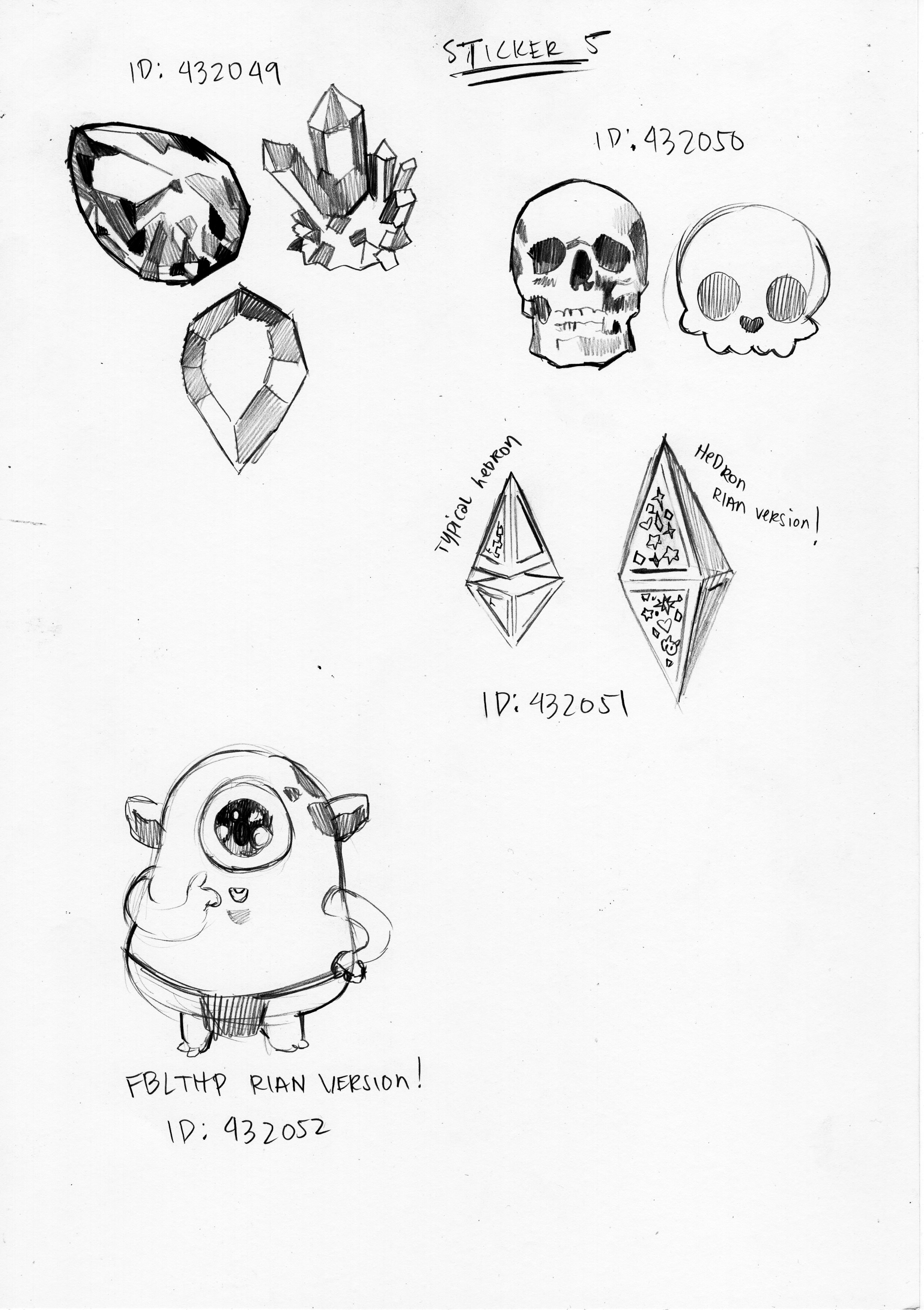 Hand-drawn sketches of various crystals, skulls, a cute monster with one large eye, and decorated diamond-shaped rocks, labeled with different IDs, including a note about a 'HEDRON RAIN version' and 'typical hedrons'.