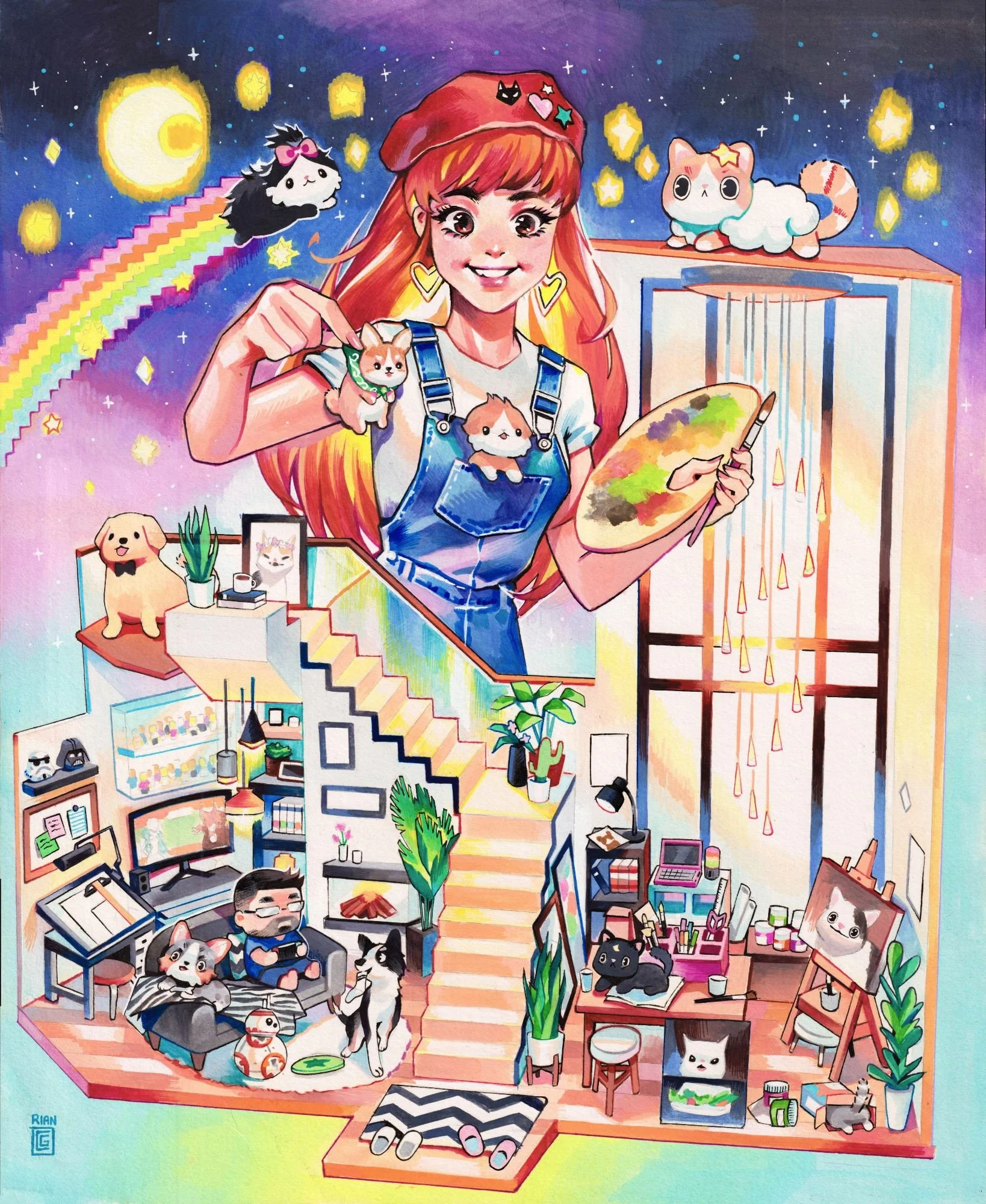 Colorful illustration of a girl painting in a cozy, multi-level home filled with cats, dogs, and plants. The background features a night sky with stars, a rainbow, and a crescent moon.