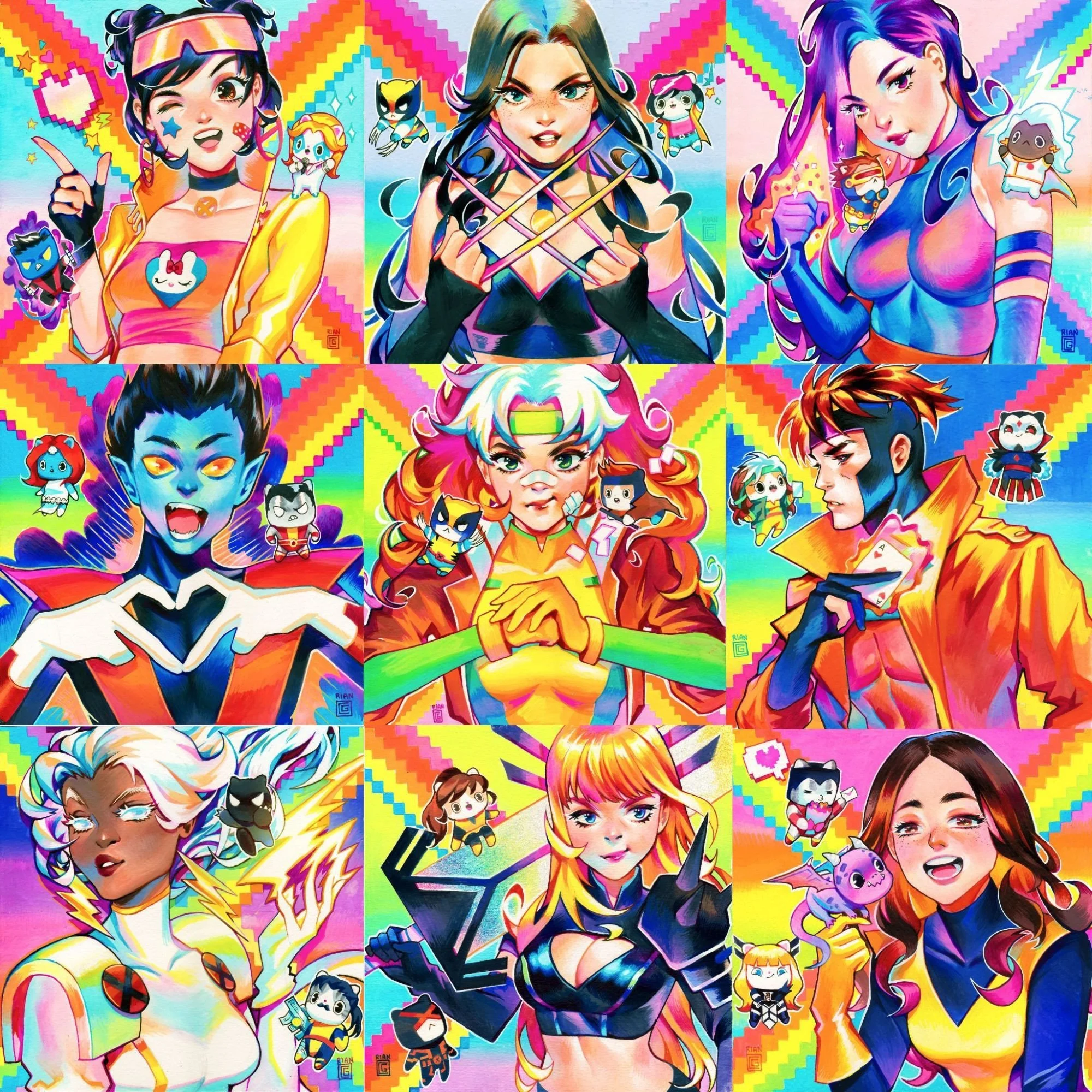 Marvel vs Capcom Illustrations by Rian Gonzales featuring Jubilee, X-23, Psylocke, Nightcrawler, Rogue, Gambit, Storm, Magik, Kitty Pryde