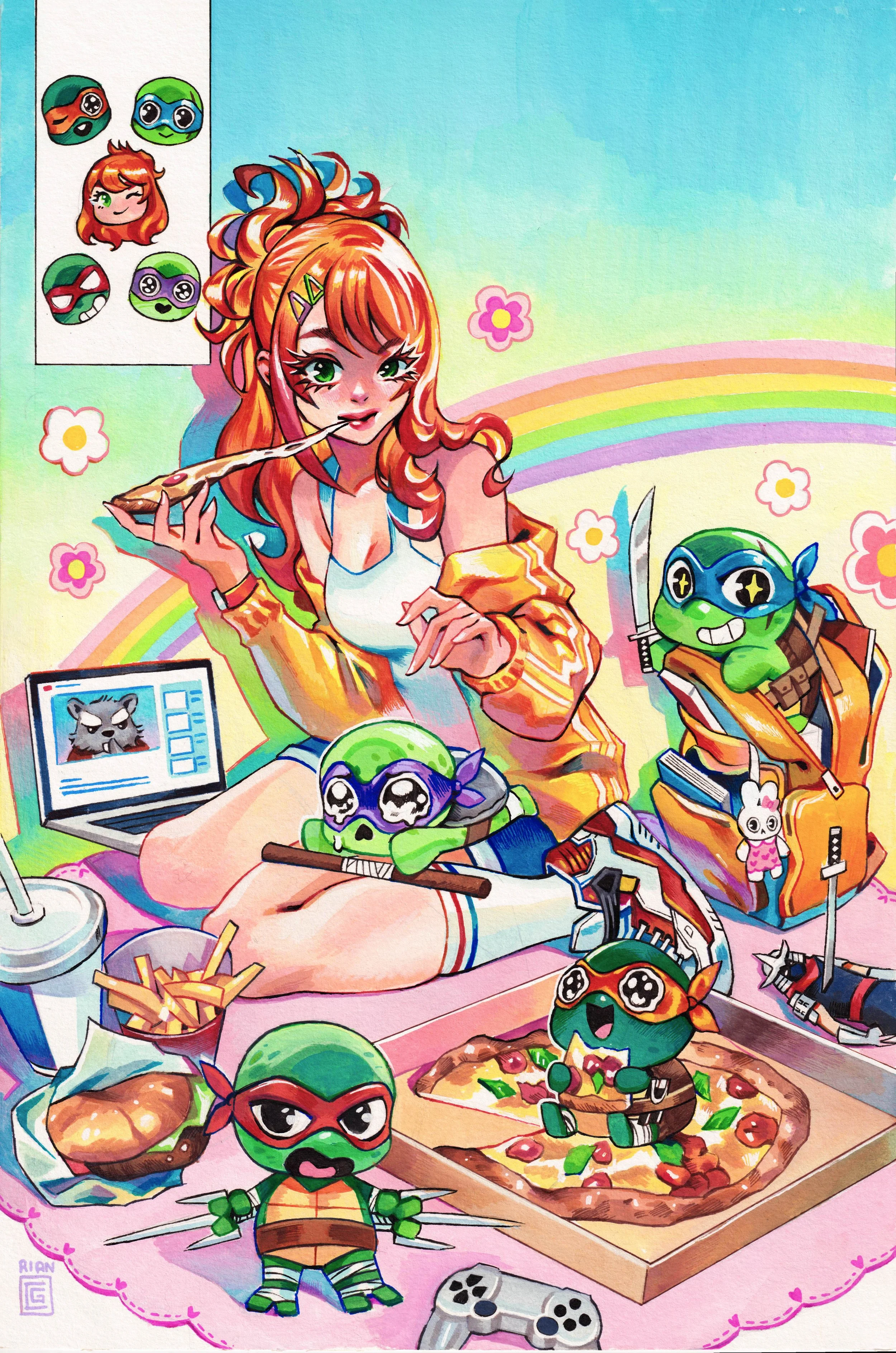 Colorful digital illustration of a girl with red hair eating pizza and surrounded by small green cartoon turtles with masks, some inside a box, with a rainbow in the background, alongside gaming items like a controller, a laptop, and stickers.