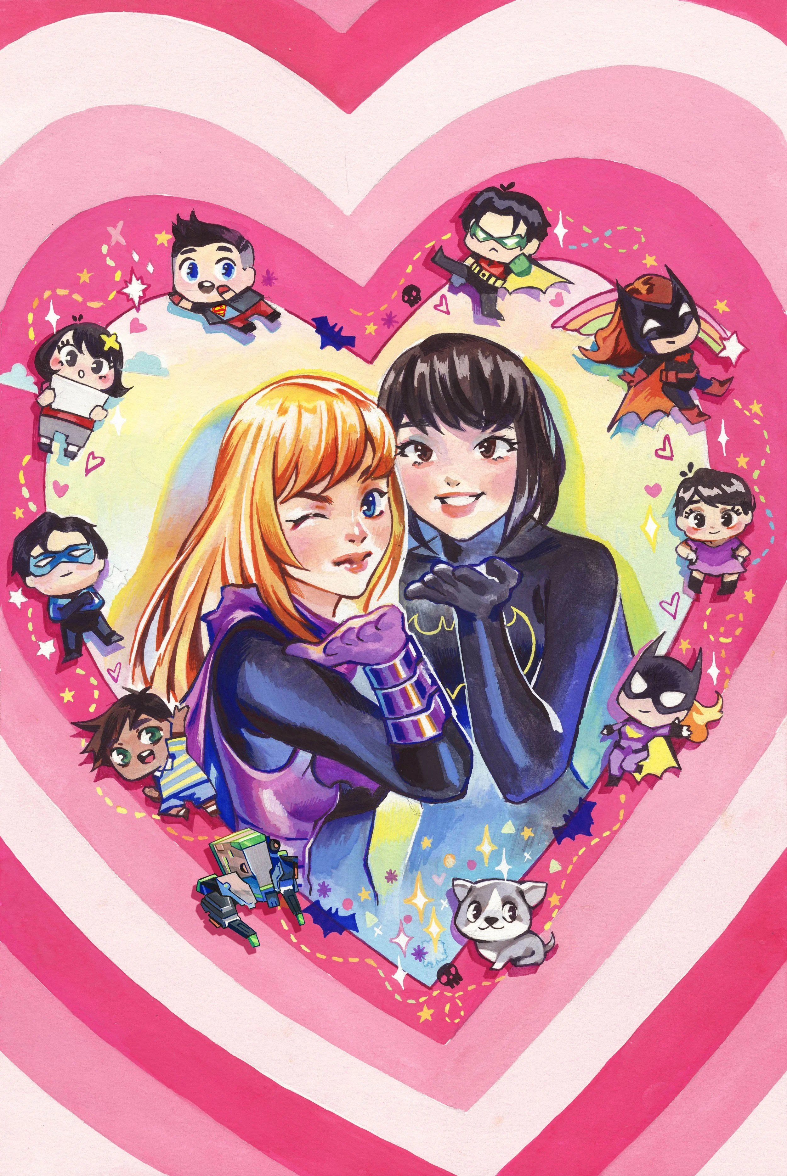 Colorful illustration of two women in superhero costumes surrounded by chibi-style characters and cute animals within a heart-shaped border.