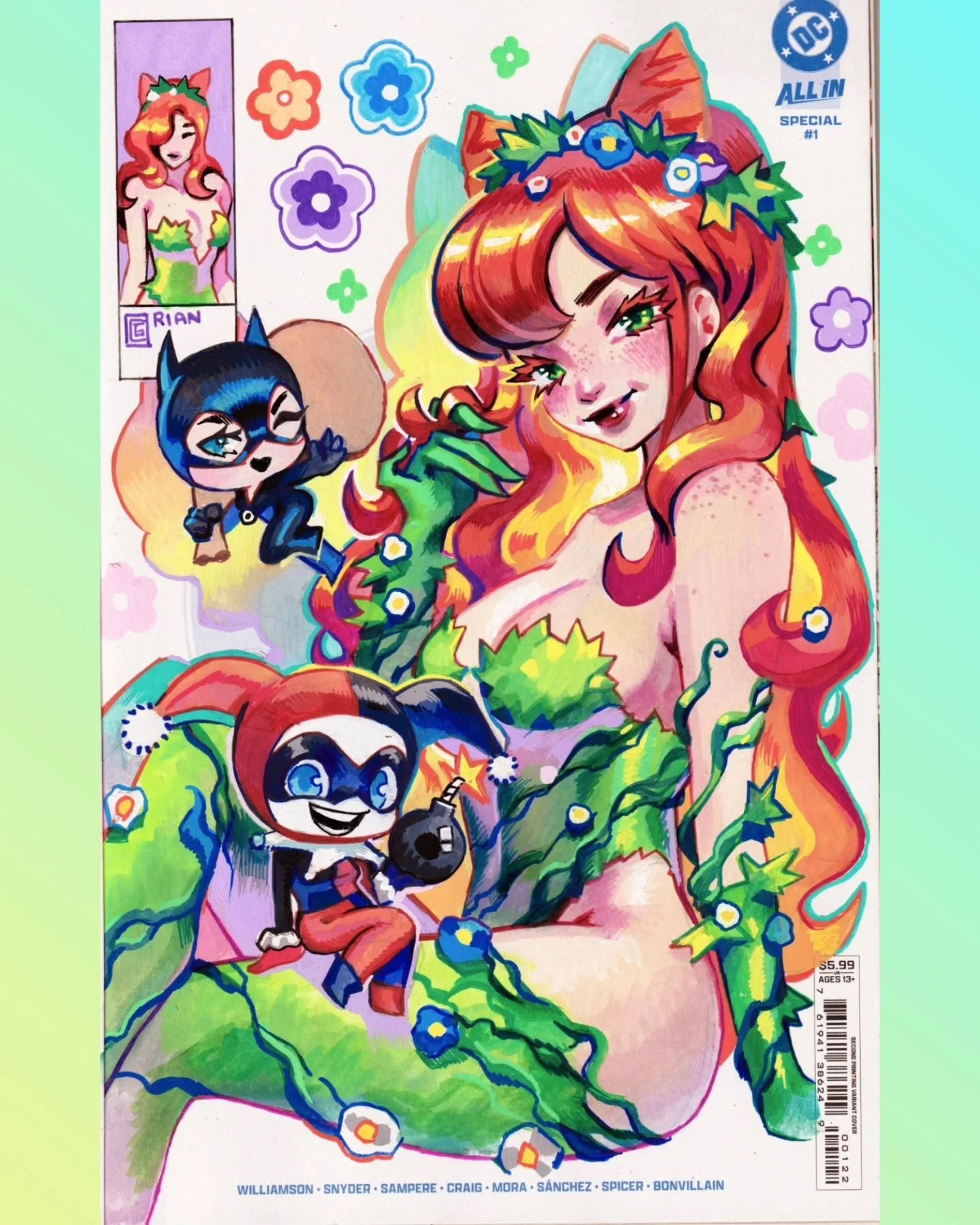 Poison Ivy feat. chibi Gotham City Sirens chibis, Harley and Catwoman, painted on DC All-In Special #1 blank cover! I was inspired by the Uma Thurman look! ☺️💖

This piece is AVAILABLE for bidding, along with many others, on @raremarq ! (LINK IN BIO