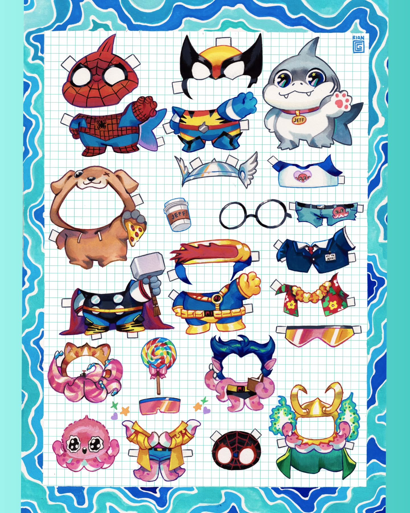 I got to do a Paperdoll cover for the Jeff the Land Shark Superstar comic! 🥰💖 Featuring Ken as his trusty sidekick! It was super fun to draw all the costumes to dress them up with! Hope you guys like it! 💖 This is for the foil variant of the comic