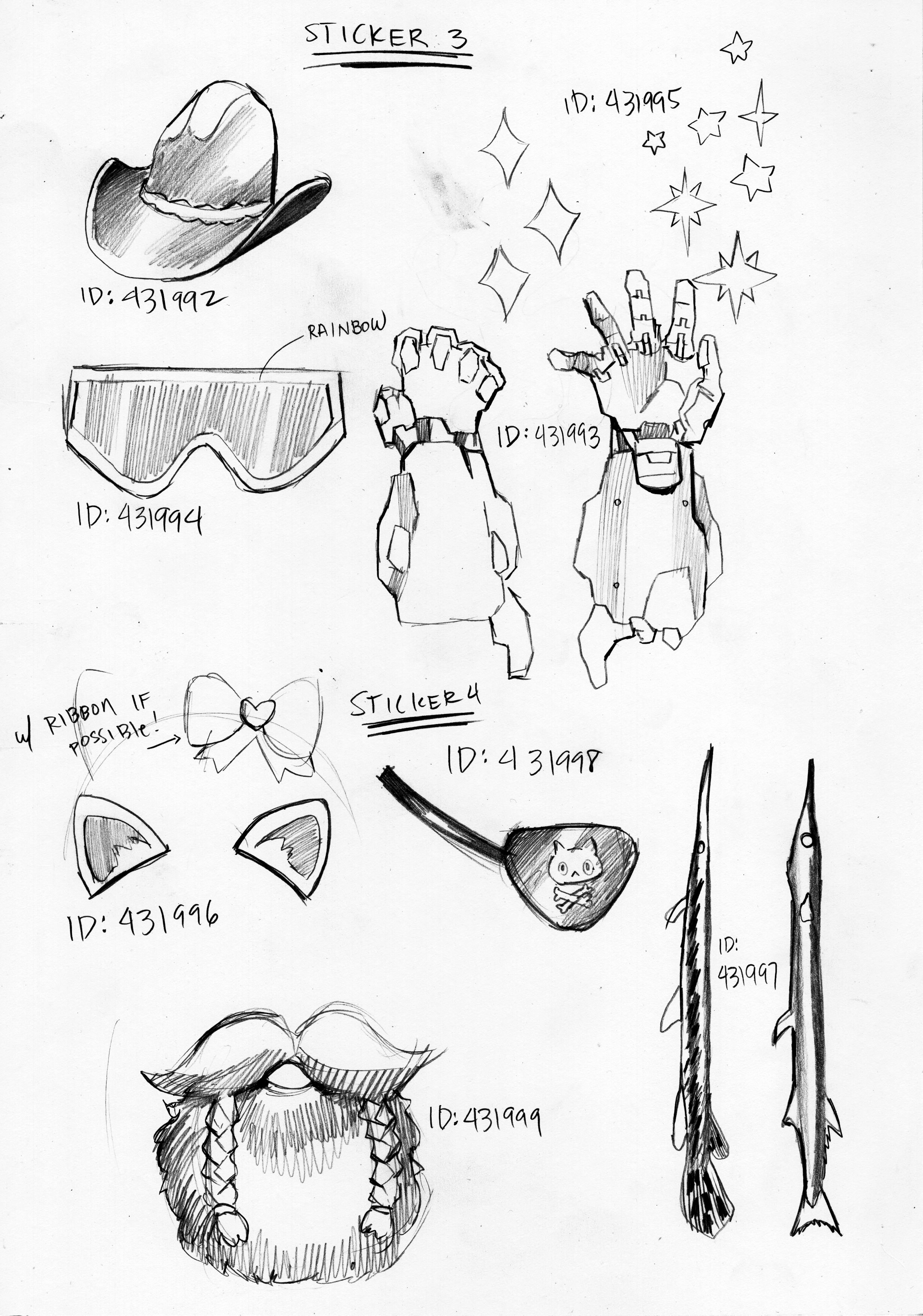 Hand-drawn sketches of various stickers, including a cowboy hat, goggles, star-shaped sparkles, robotic hands, a bow with ribbon, cat ears, a small pig face, and two fish with spiky fins, each labeled with an ID number.