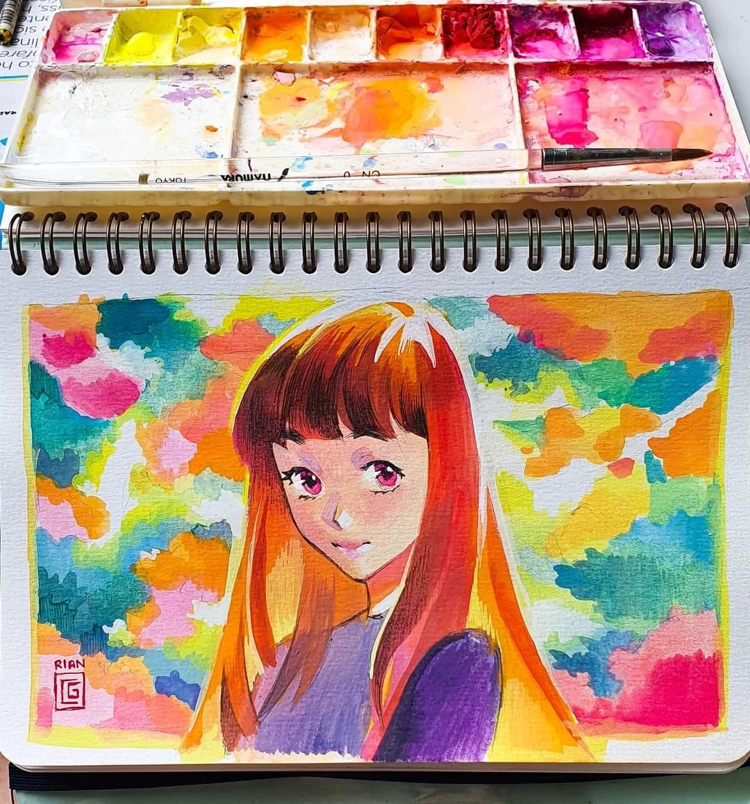 Colorful watercolor painting of a young girl with long reddish-brown hair and pink eyes, set against a vibrant background of abstract foliage in pink, blue, green, yellow, and orange hues.