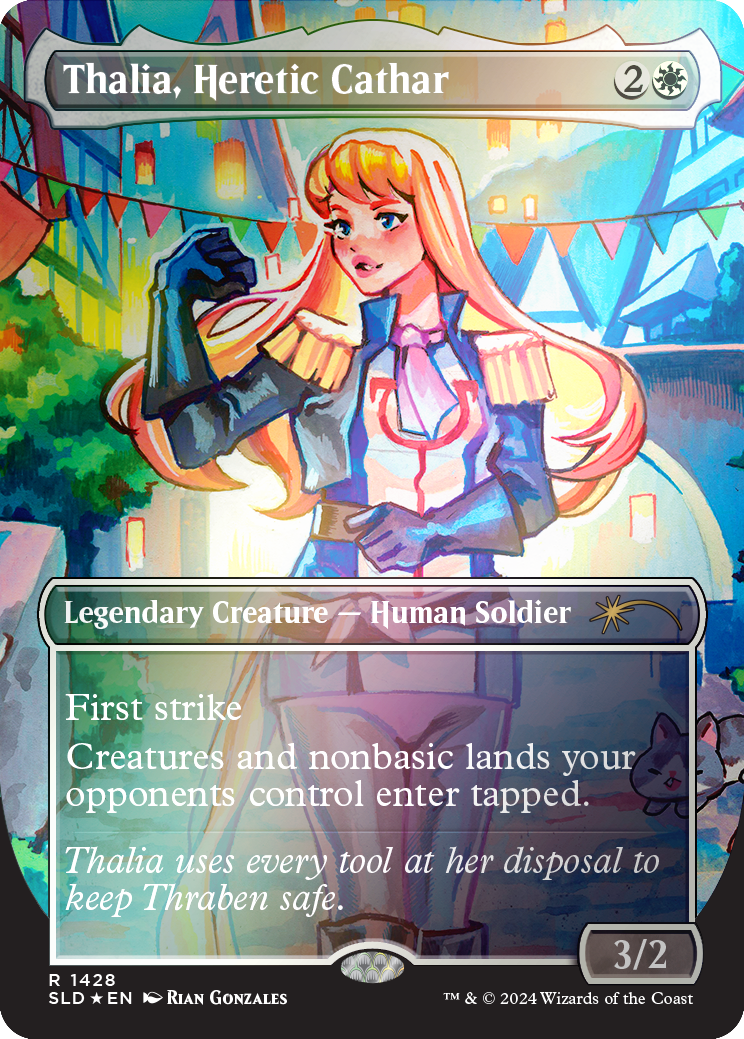 A colorful illustration of Thalia, a human soldier, standing outdoors at a festive event with string lights and bunting, wearing a military uniform with epaulets and gloves.