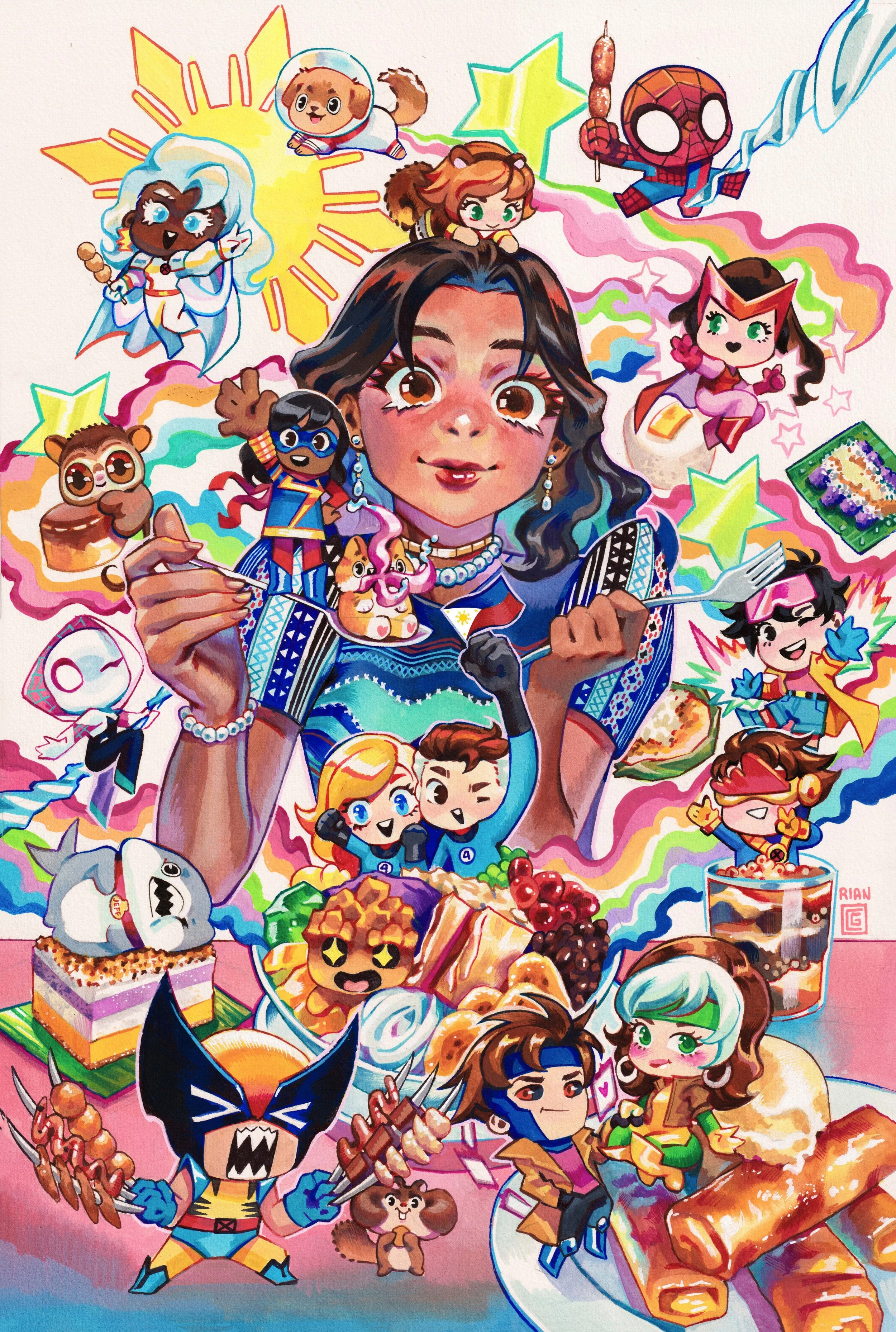 Colorful illustration with a wSuper Manila Comic Con exclusive print by Rian Gonzales featuring iconic Marvel characters with Wave in the middleoman surrounded by cartoon characters, animals, food, and desserts, creating a lively and whimsical scene.