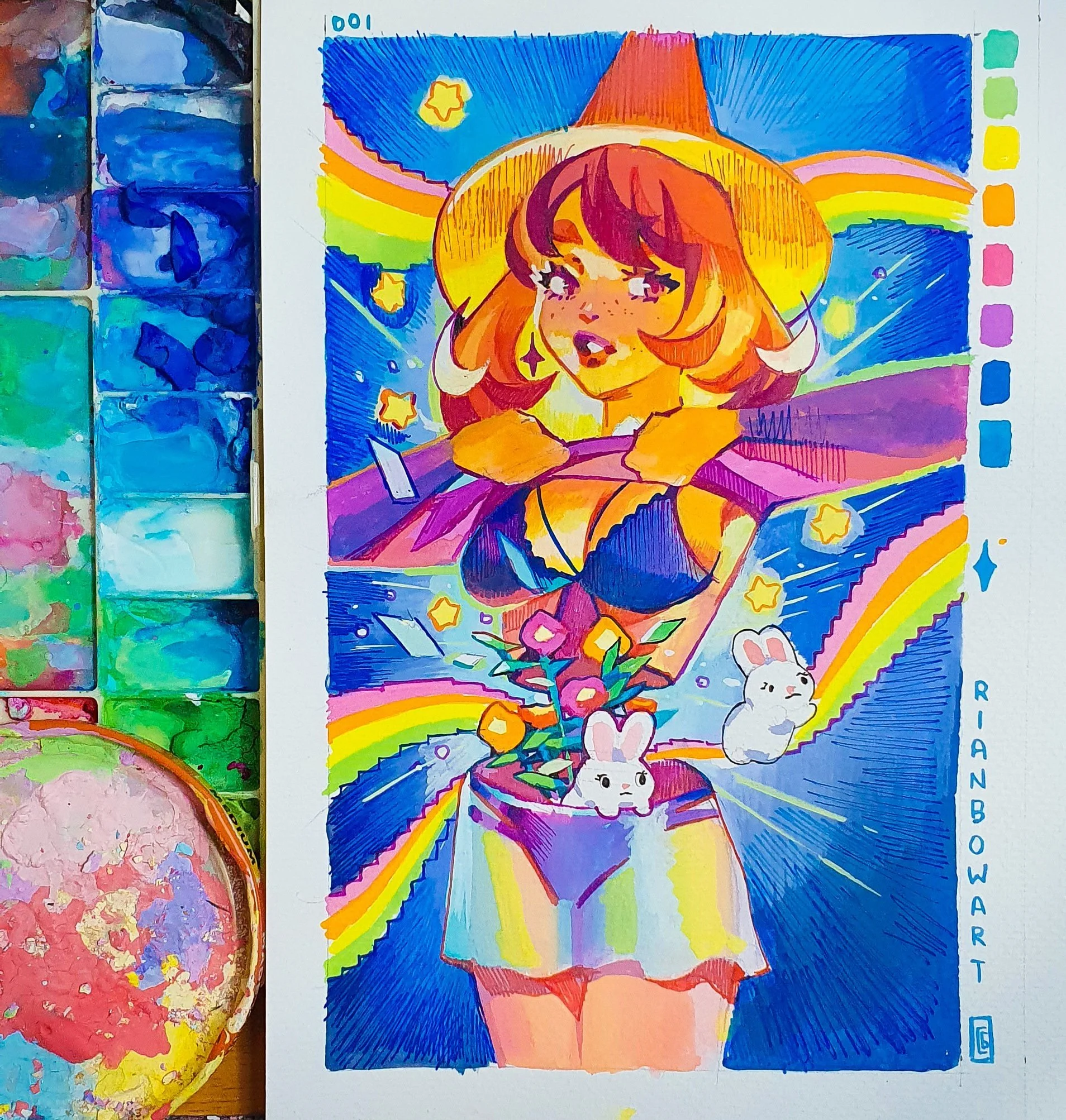 A colorful illustration of a girl with short red hair wearing a large yellow sunhat and a purple top with an orange collar, holding a pot of flowers. The background has rainbows, stars, and shooting stars, with a blue sky. Two white rabbits are in th