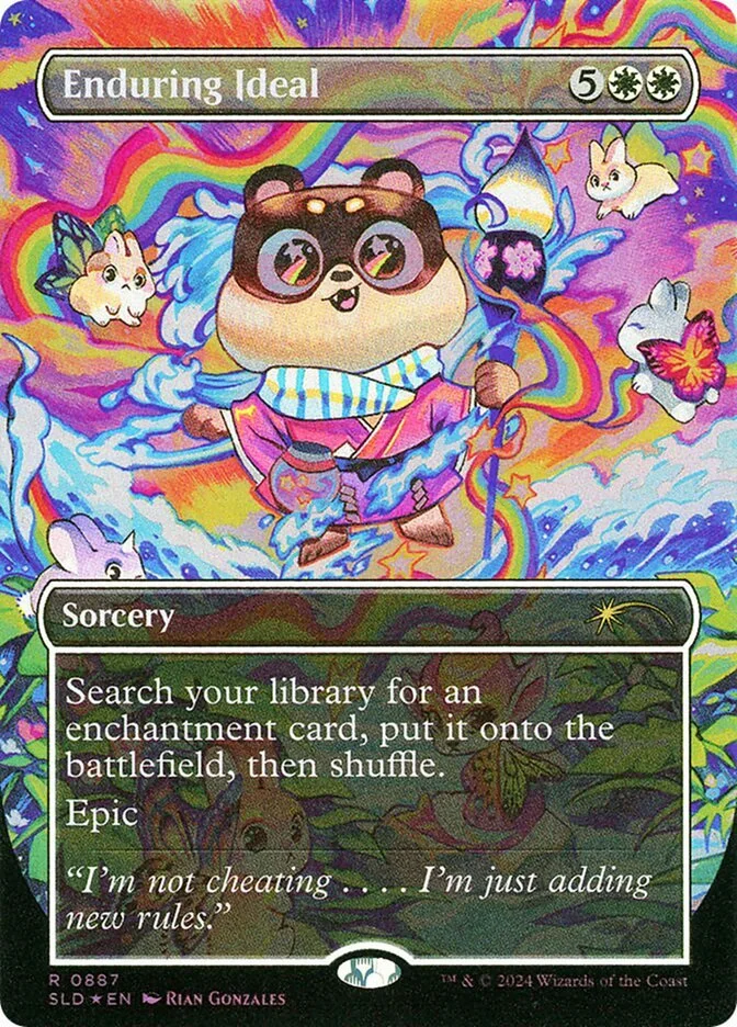 Colorful fantasy-style Magic: The Gathering card titled 'Enduring Ideal' with a panda wearing glasses and a striped scarf, surrounded by unicorns, a butterfly, a mouse, and a butterfly, with rainbows and clouds in the background.