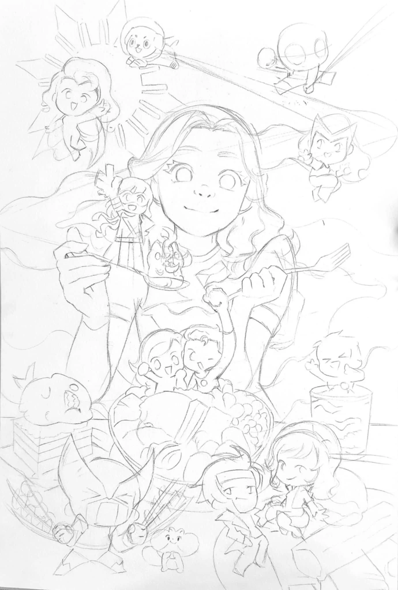Sketch of a woman surrounded by various cartoon characters, some with wings, some in costumes, and some with expressive faces, all seeming to celebrate or enjoy a meal together.