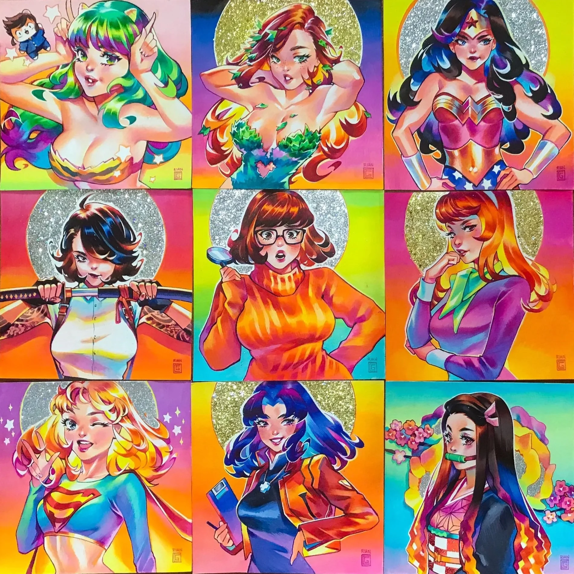 Rian commissions Lum Poison Ivy Wonder Woman Saya Velma Daphne Supergirl Misato Nezuko