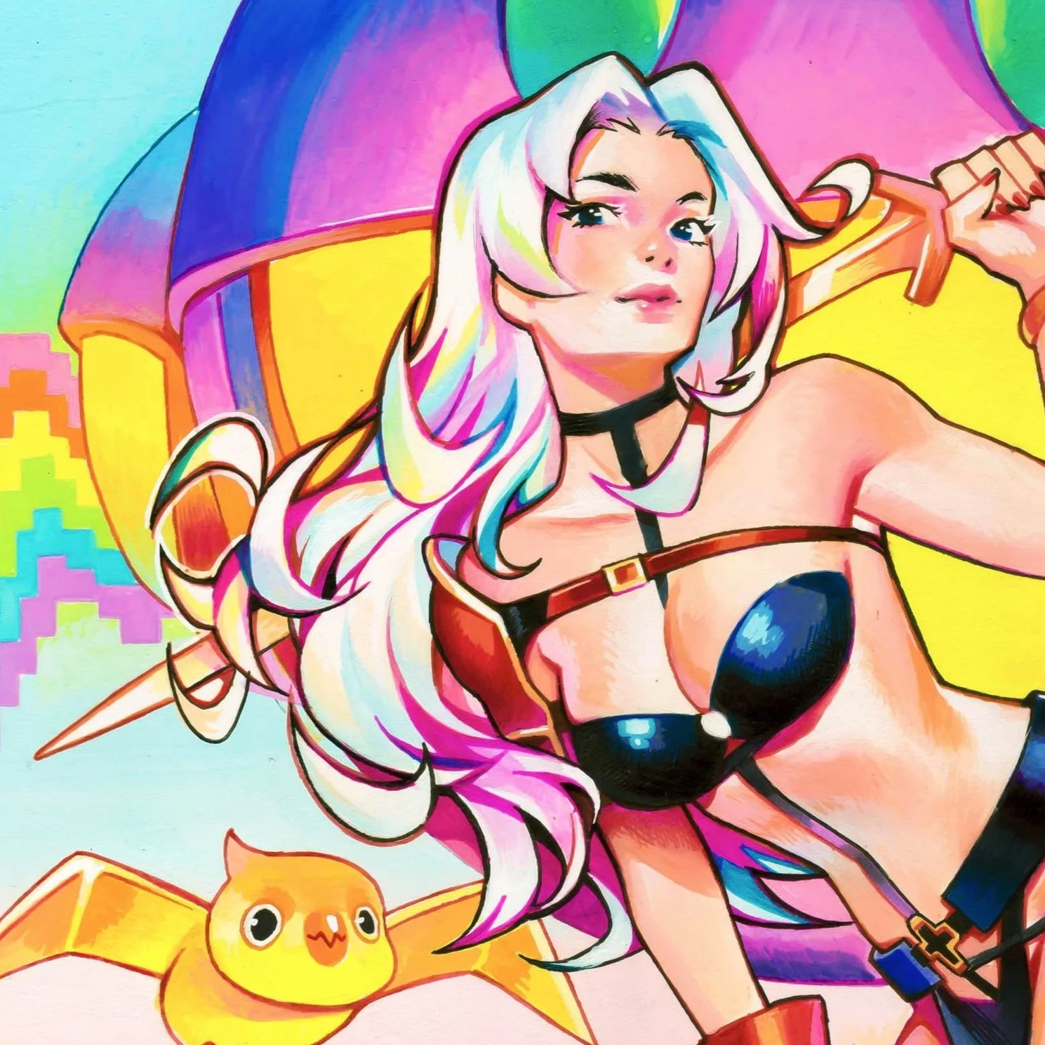 Colorful illustration of a woman with long, flowing rainbow-colored hair, winking and holding a sword, wearing a black top with straps, in front of a vibrant background with a yellow arc and pixelated rainbow pattern, accompanied by a cute yellow chick with big eyes and a small beak.