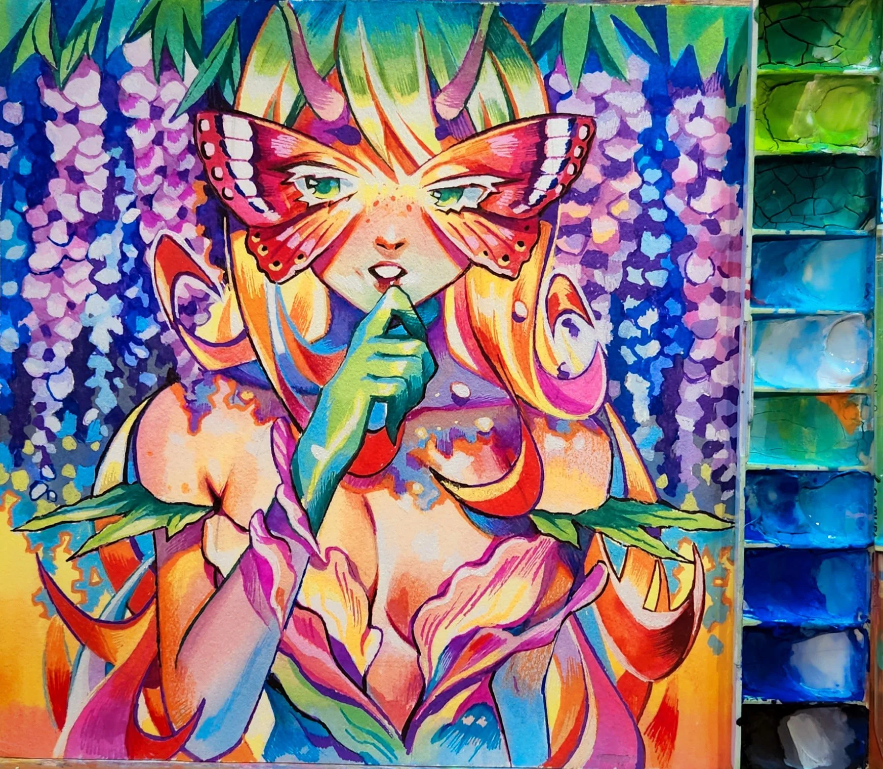 Colorful painting of a woman with long hair, holding a finger to her lips, with butterfly wings over her eyes, set against a background of purple flowers and a rainbow-like palette.